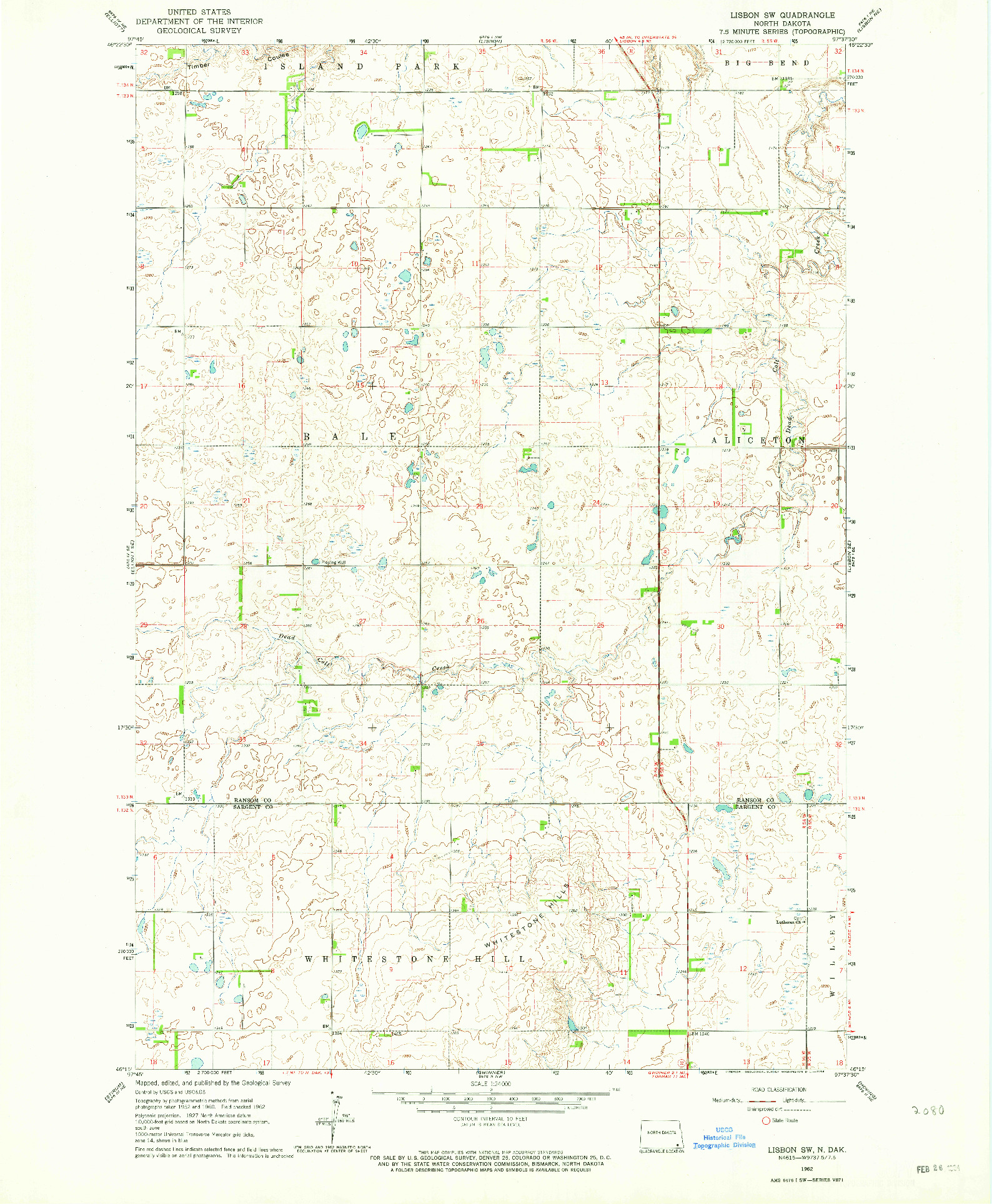 USGS 1:24000-SCALE QUADRANGLE FOR LISBON SW, ND 1962