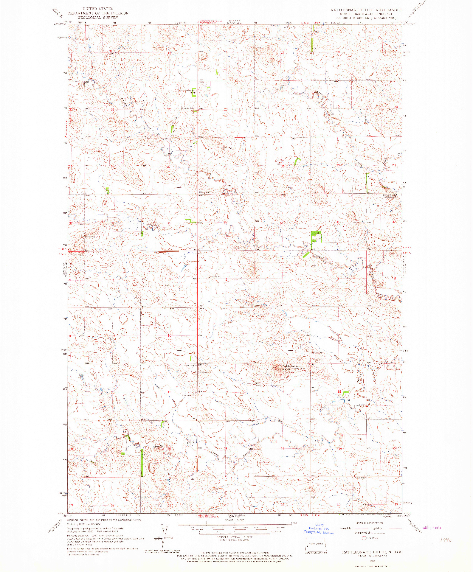 USGS 1:24000-SCALE QUADRANGLE FOR RATTLESNAKE BUTTE, ND 1963