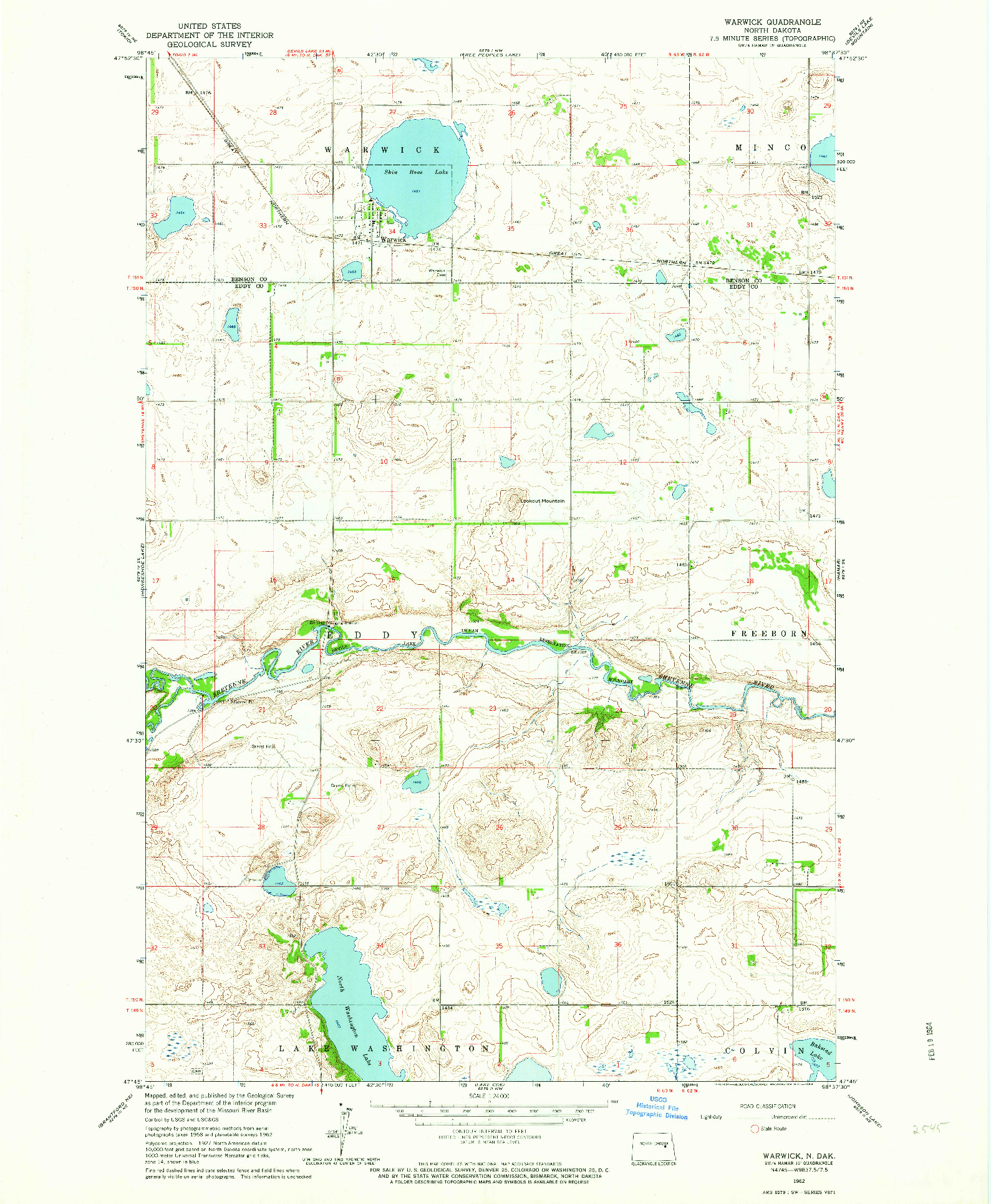 USGS 1:24000-SCALE QUADRANGLE FOR WARWICK, ND 1962