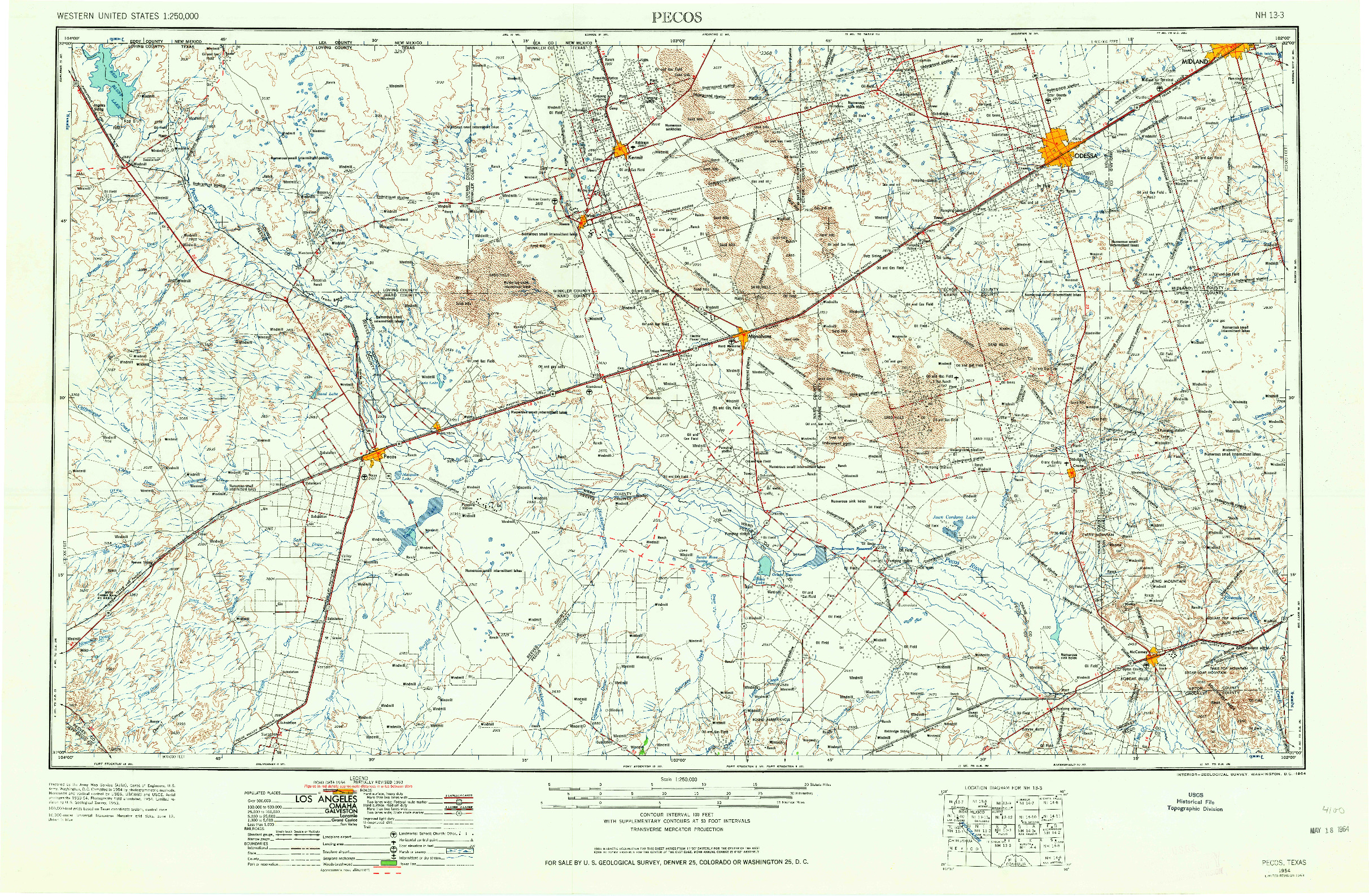 USGS 1:250000-SCALE QUADRANGLE FOR PECOS, TX 1954