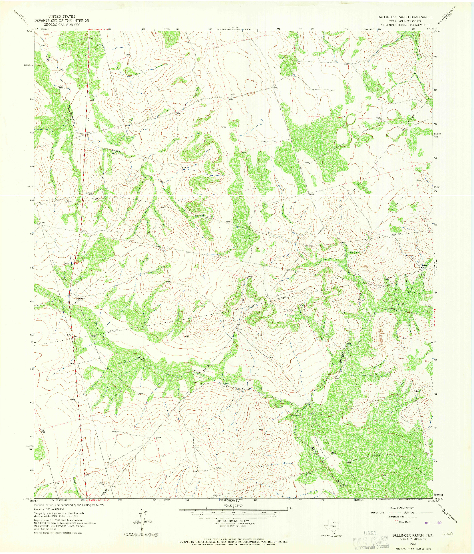 USGS 1:24000-SCALE QUADRANGLE FOR BALLINGER RANCH, TX 1963