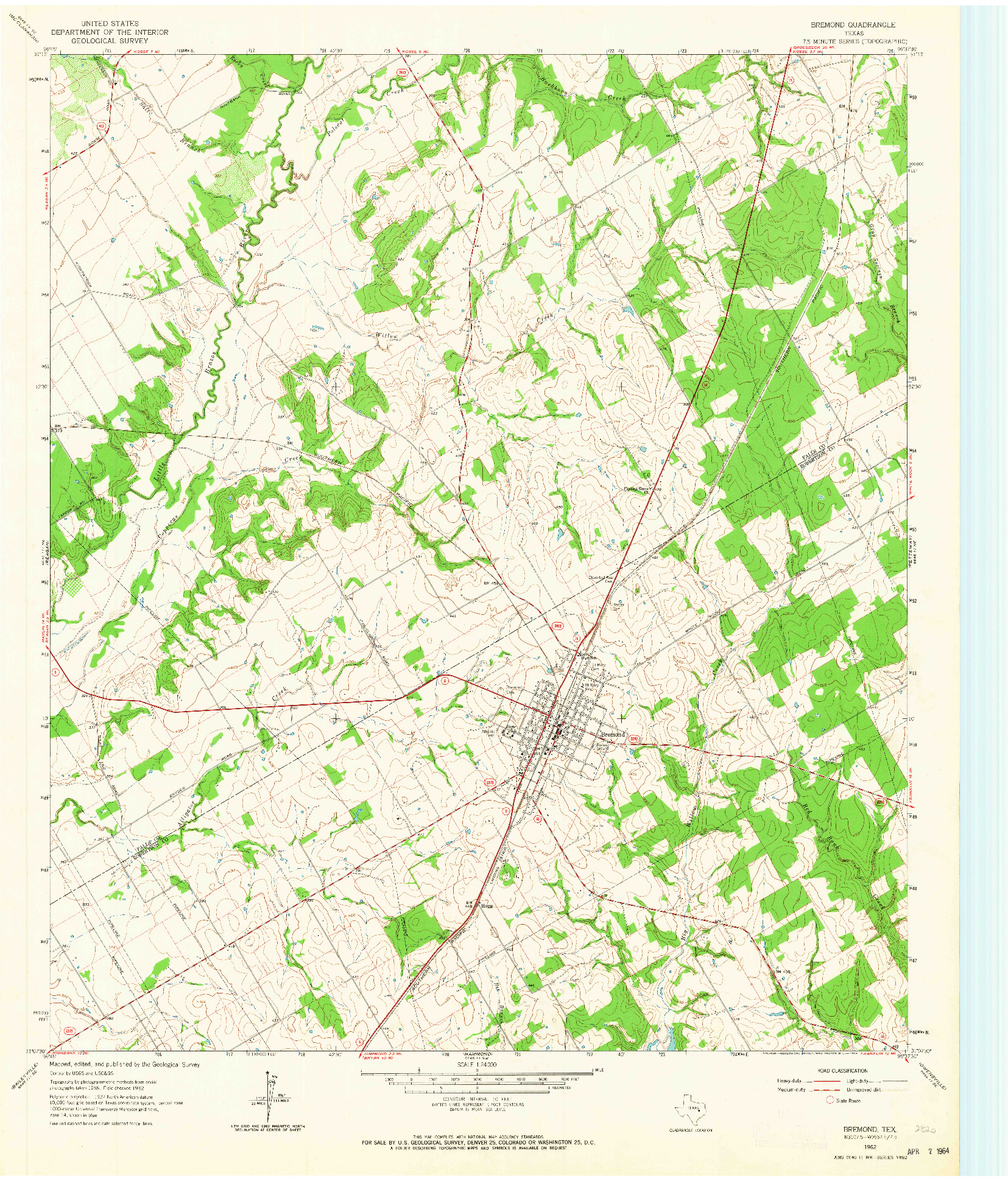 USGS 1:24000-SCALE QUADRANGLE FOR BREMOND, TX 1962