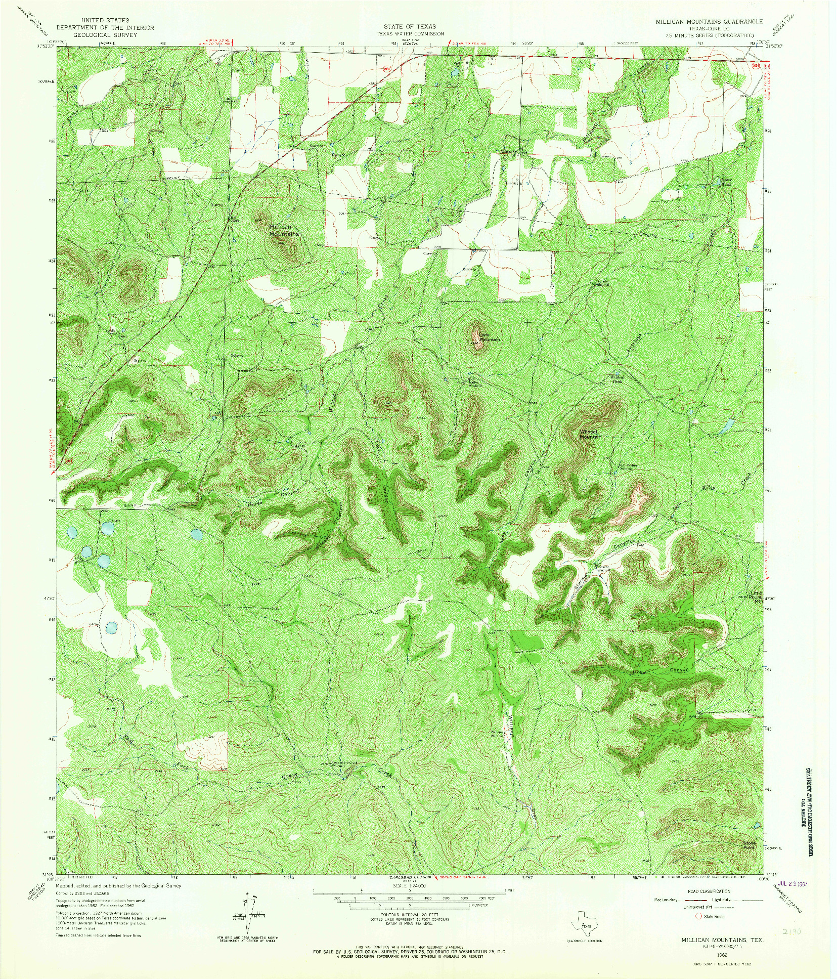 USGS 1:24000-SCALE QUADRANGLE FOR MILLICAN MOUNTAINS, TX 1962
