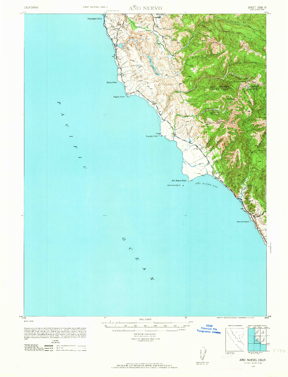 USGS 1:62500-SCALE QUADRANGLE FOR ANO NUEVO, CA 1948