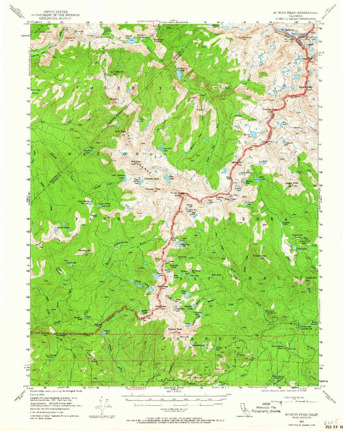 USGS 1:62500-SCALE QUADRANGLE FOR MERCED PEAK, CA 1953