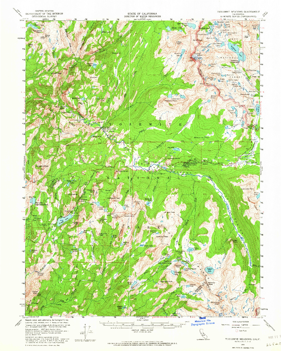 USGS 1:62500-SCALE QUADRANGLE FOR TUOLUMNE MEADOWS, CA 1956