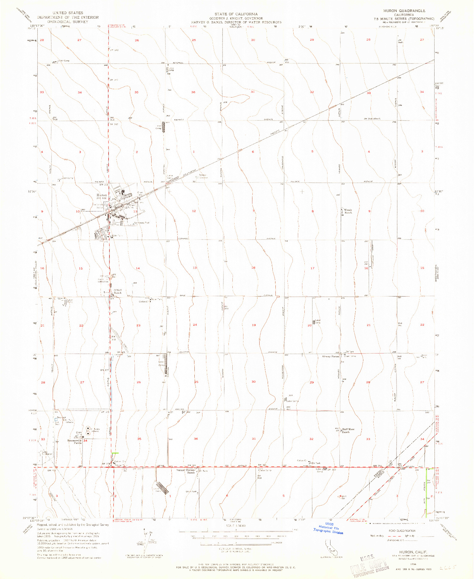 USGS 1:24000-SCALE QUADRANGLE FOR HURON, CA 1956