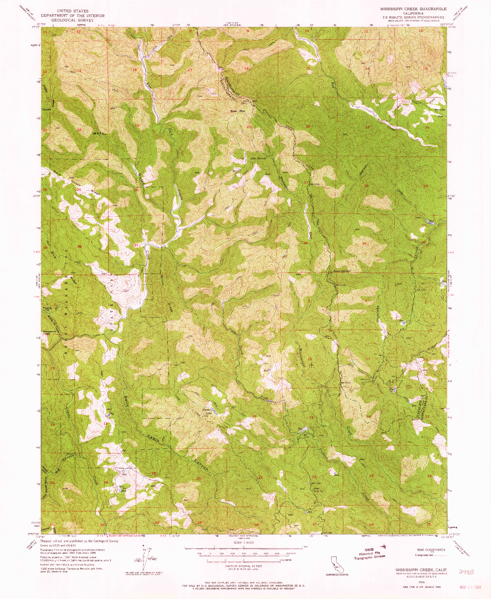 USGS 1:24000-SCALE QUADRANGLE FOR MISSISSIPPI CREEK, CA 1955