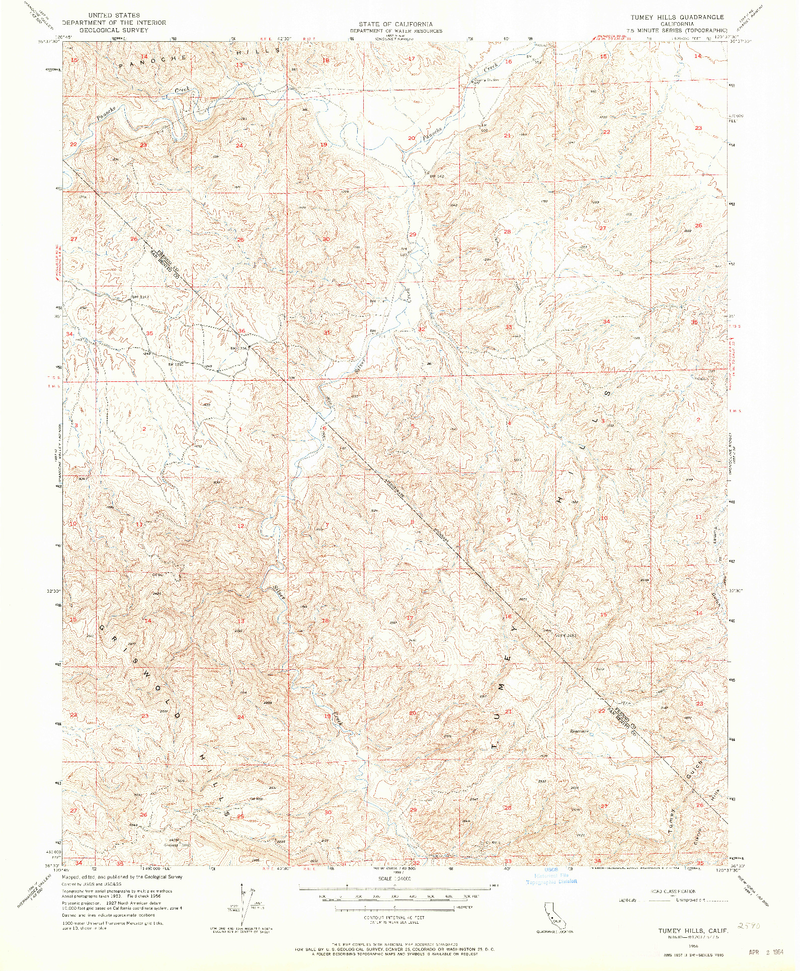 USGS 1:24000-SCALE QUADRANGLE FOR TUMEY HILLS, CA 1956