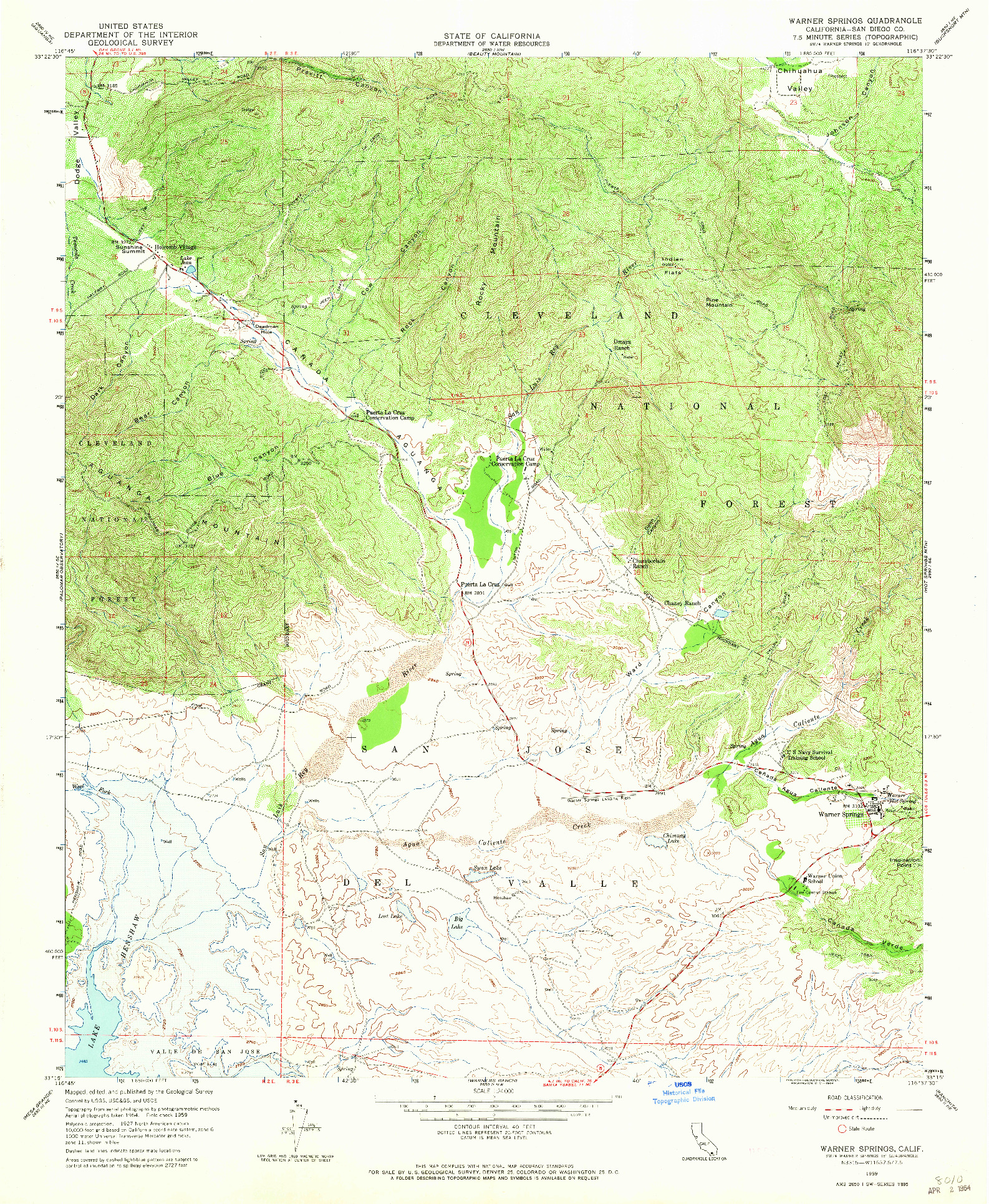 USGS 1:24000-SCALE QUADRANGLE FOR WARNER SPRINGS, CA 1959