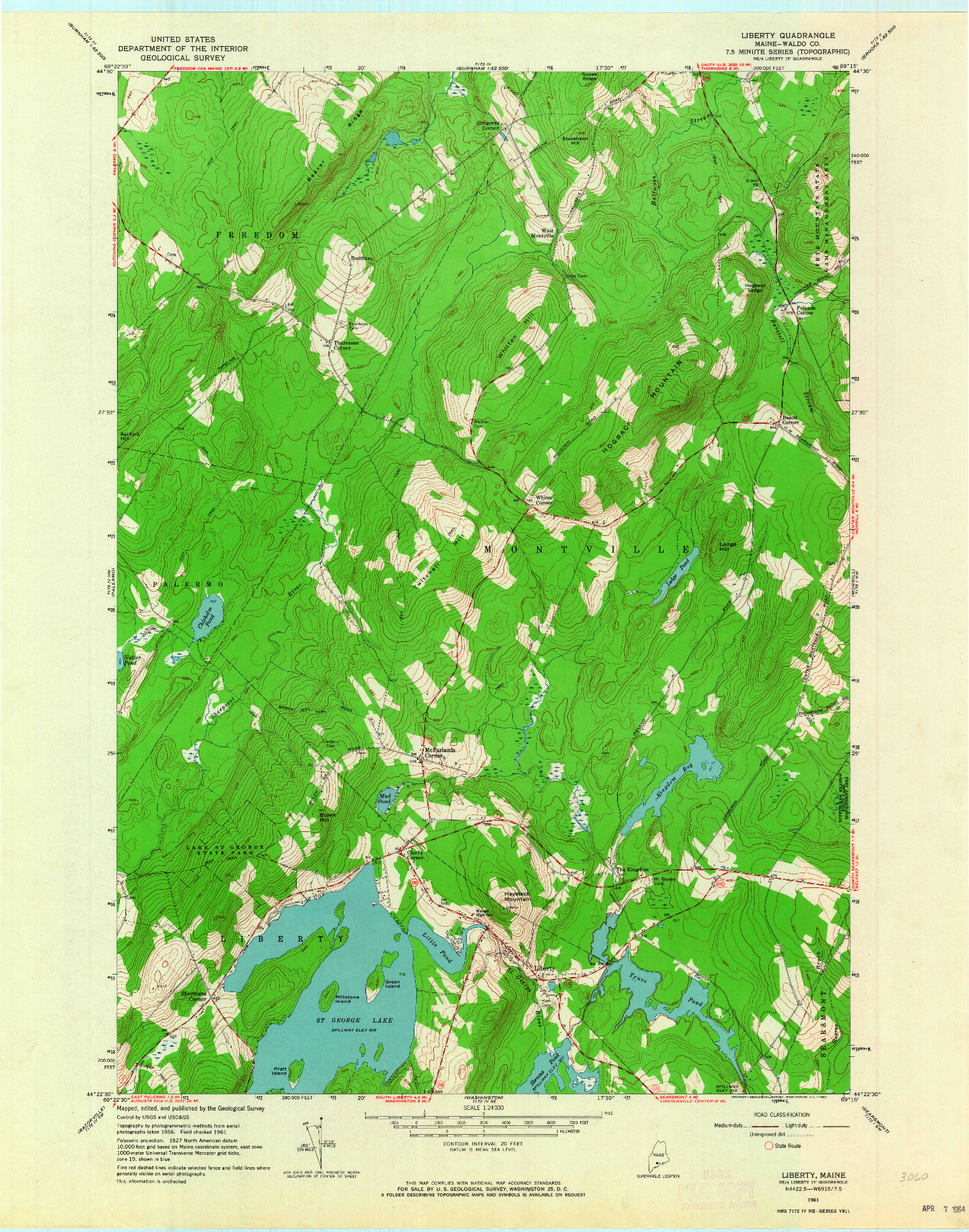 USGS 1:24000-SCALE QUADRANGLE FOR LIBERTY, ME 1961