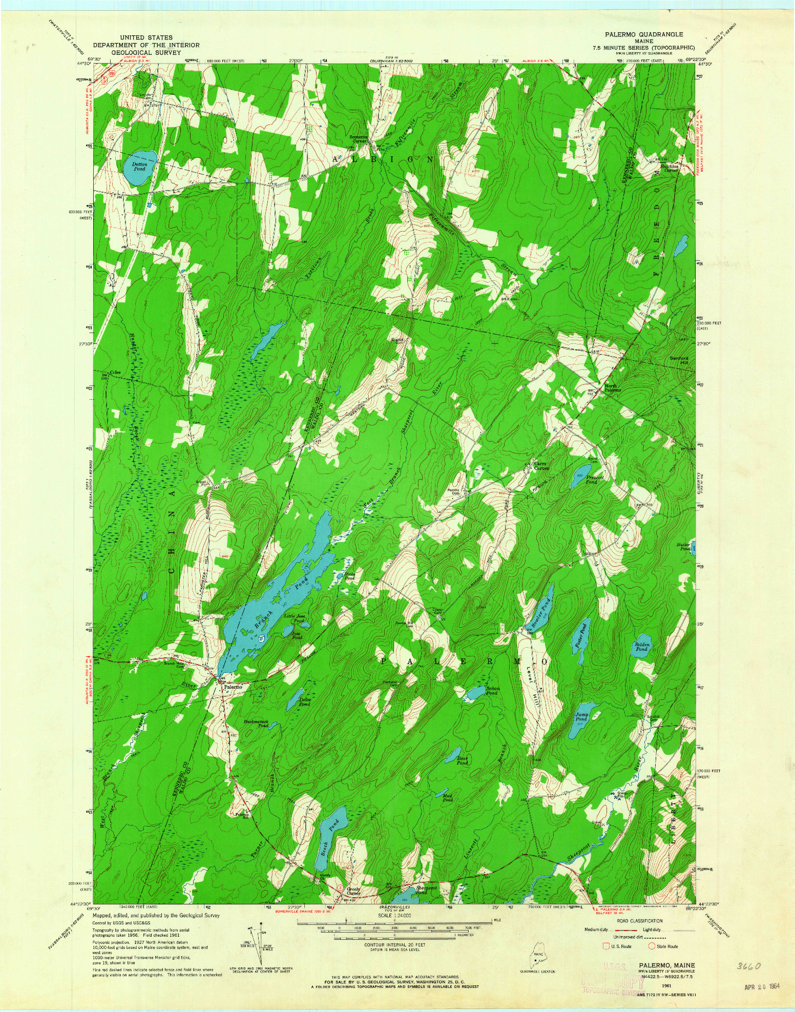 USGS 1:24000-SCALE QUADRANGLE FOR PALERMO, ME 1961
