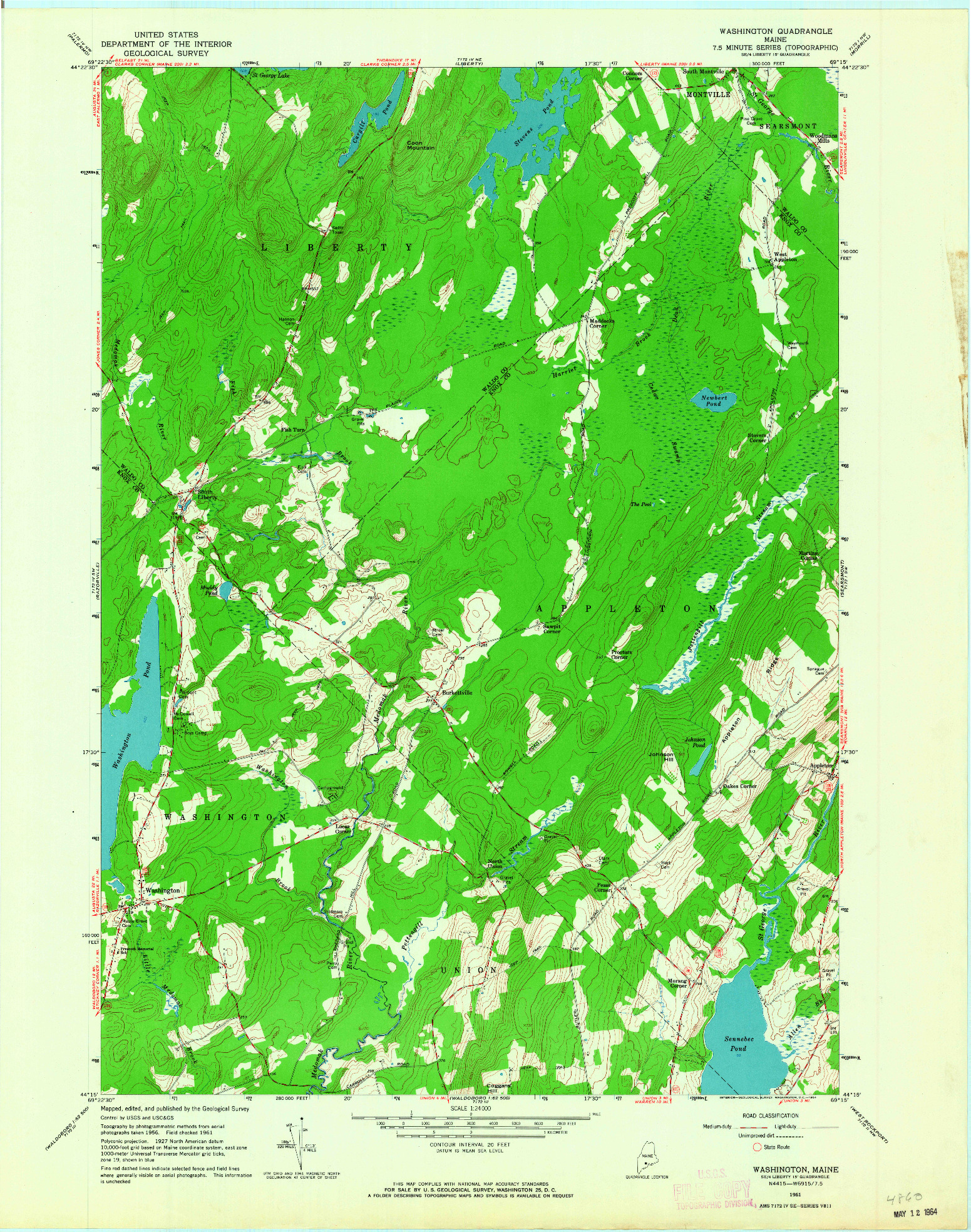 USGS 1:24000-SCALE QUADRANGLE FOR WASHINGTON, ME 1961