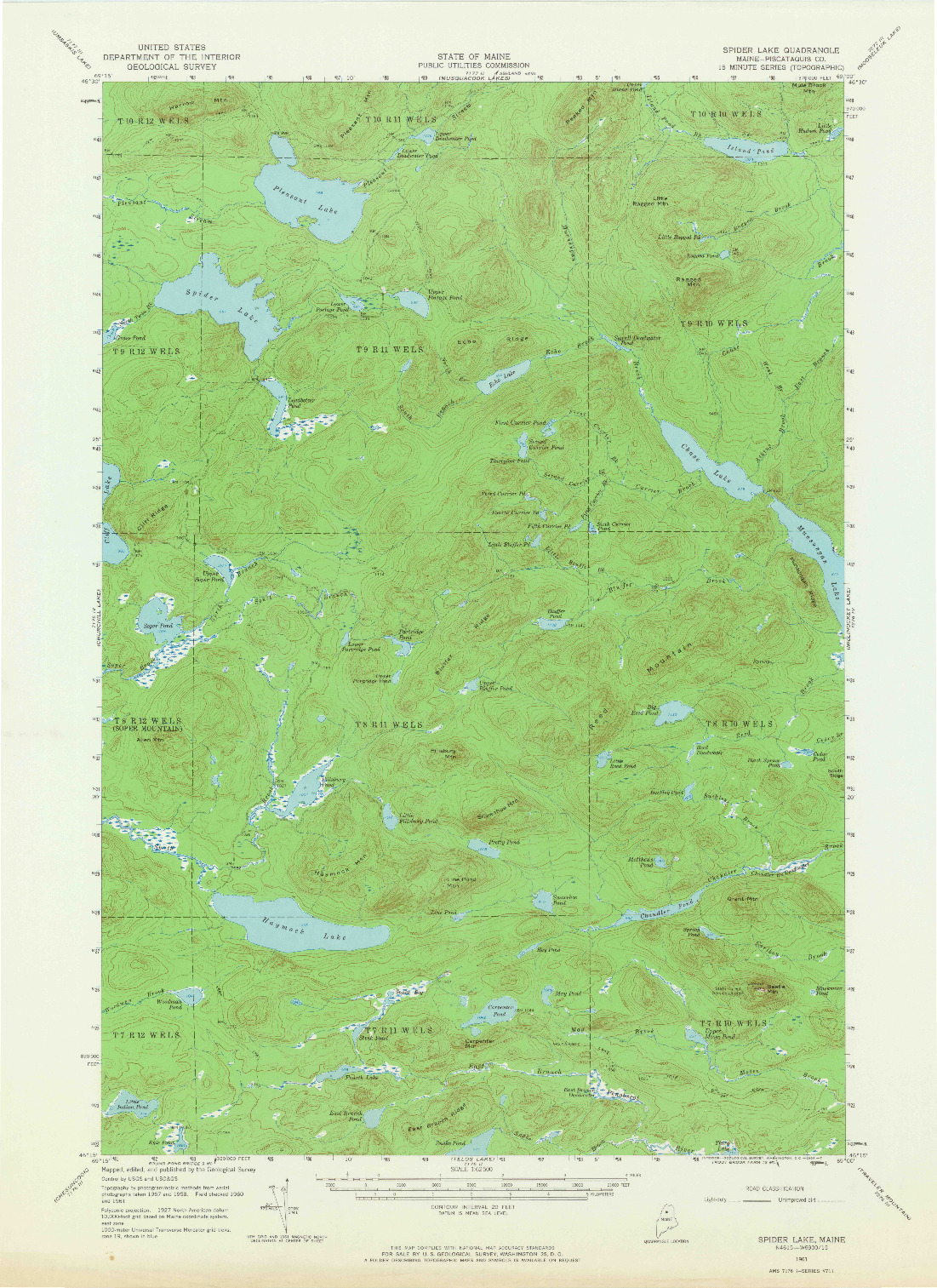 USGS 1:62500-SCALE QUADRANGLE FOR SPIDER LAKE, ME 1961