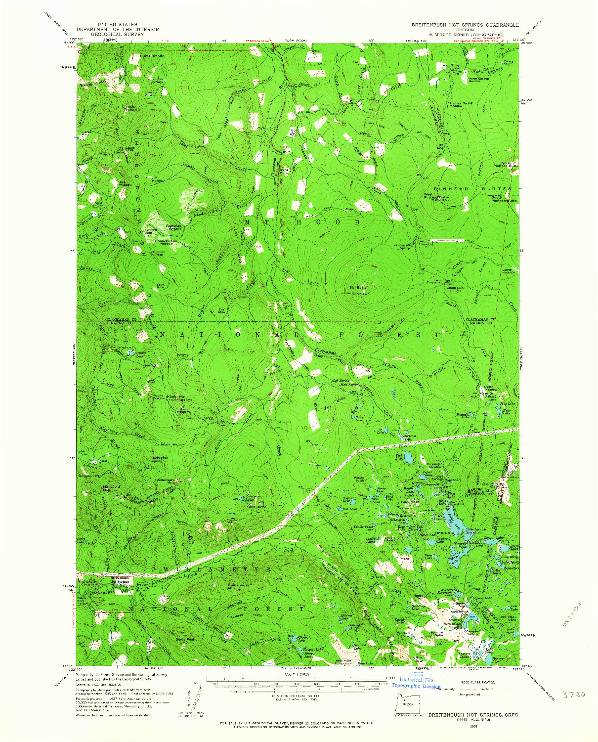 USGS 1:62500-SCALE QUADRANGLE FOR BREITENBUSH HOT SPRINGS, OR 1961