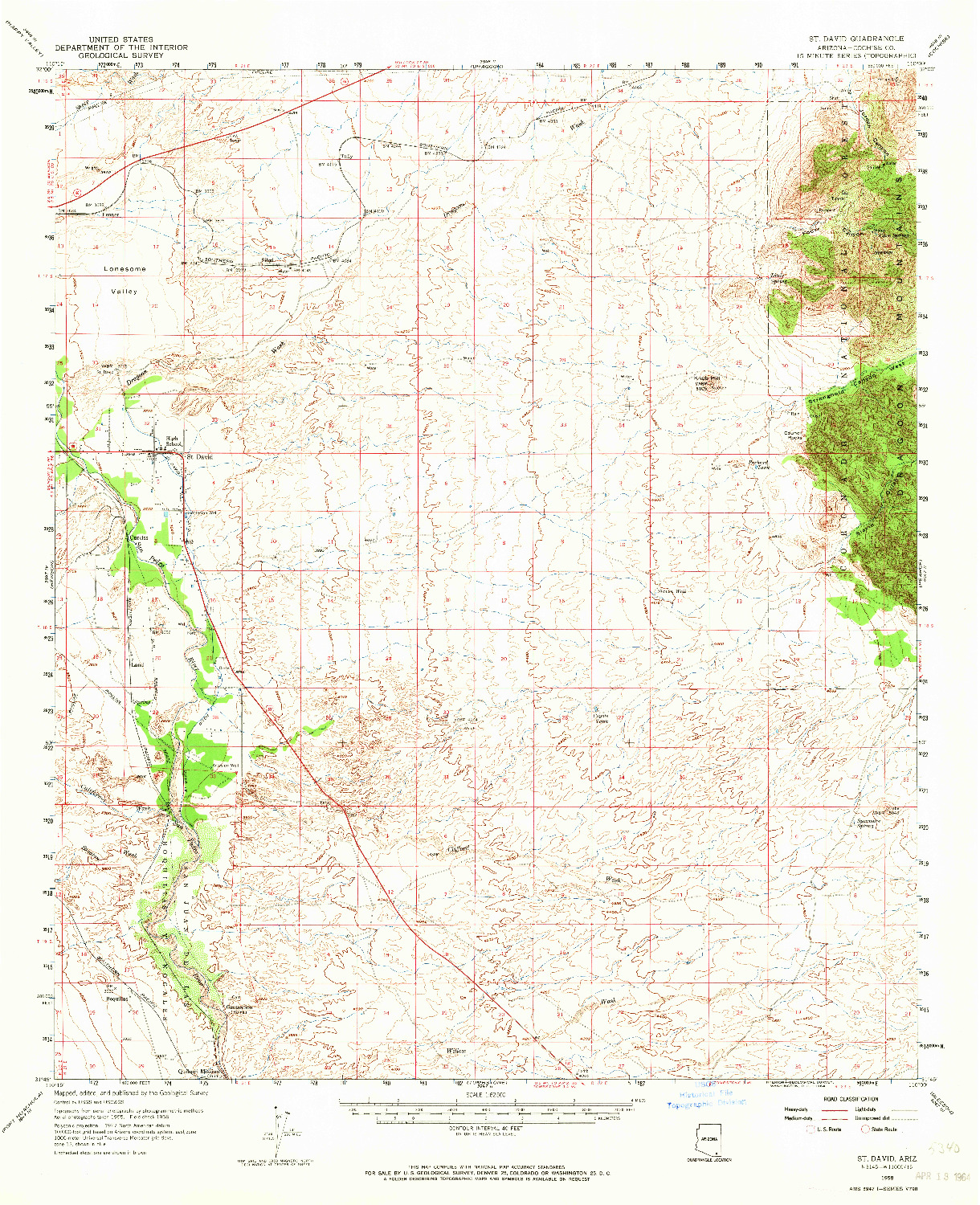 USGS 1:62500-SCALE QUADRANGLE FOR ST. DAVID, AZ 1958