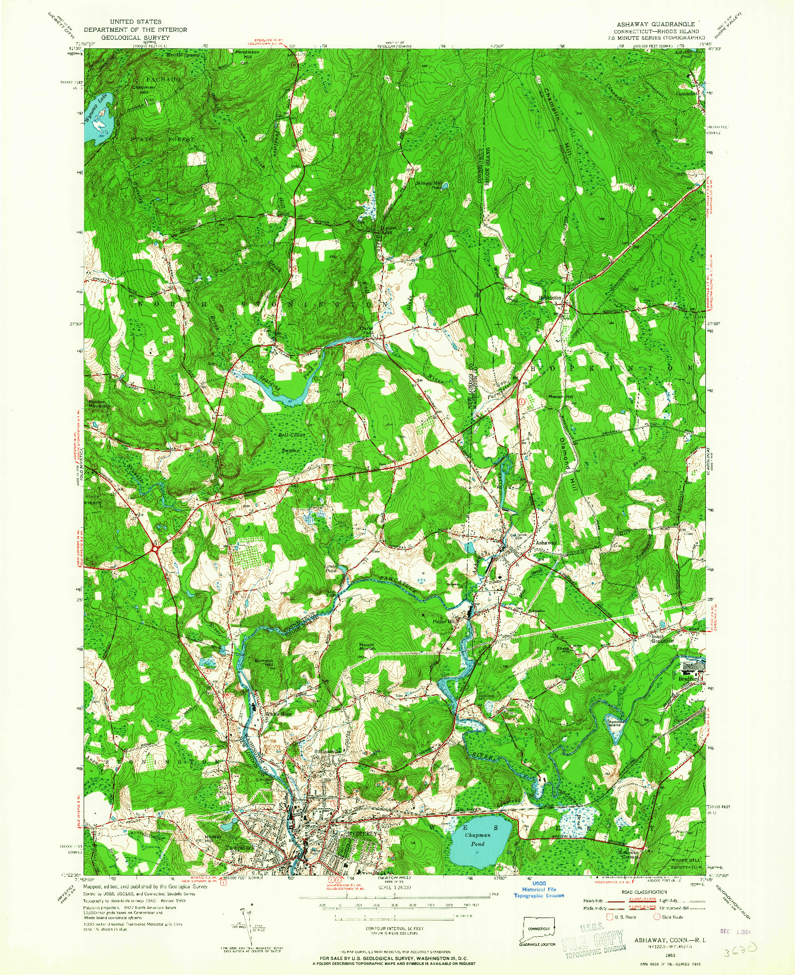 USGS 1:24000-SCALE QUADRANGLE FOR ASHAWAY, CT 1953