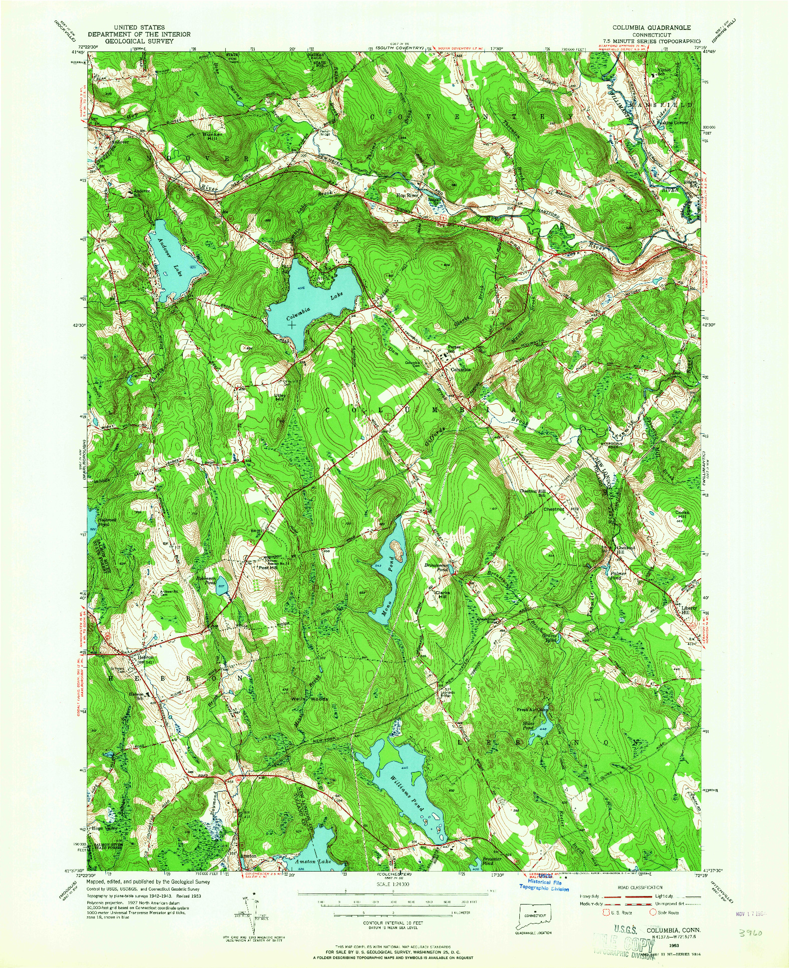 USGS 1:24000-SCALE QUADRANGLE FOR COLUMBIA, CT 1953