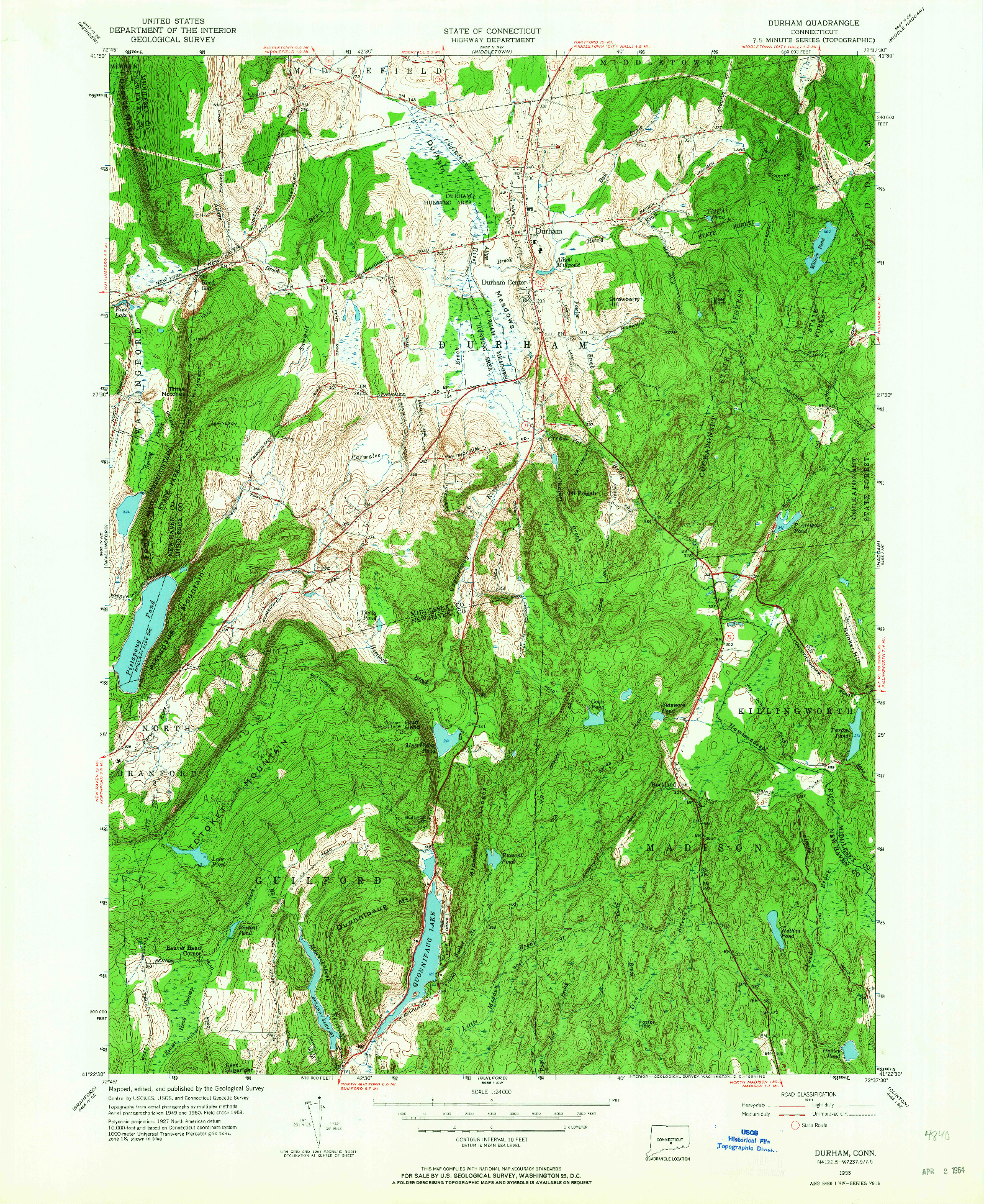 USGS 1:24000-SCALE QUADRANGLE FOR DURHAM, CT 1953