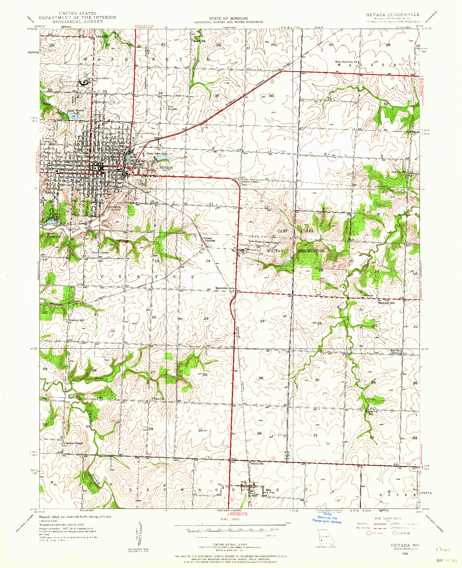 USGS 1:24000-SCALE QUADRANGLE FOR NEVADA, MO 1933
