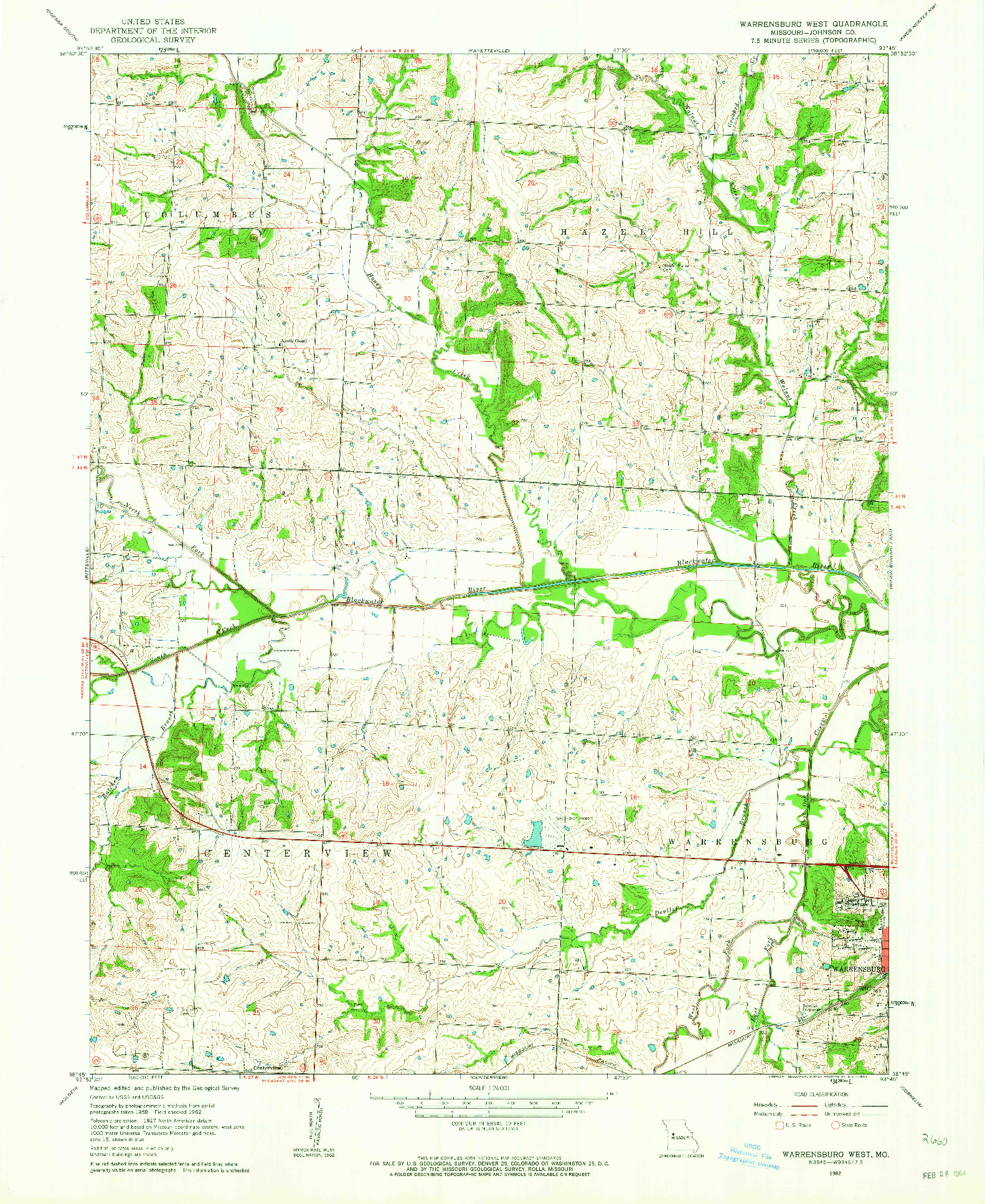 USGS 1:24000-SCALE QUADRANGLE FOR WARRENSBURG WEST, MO 1962