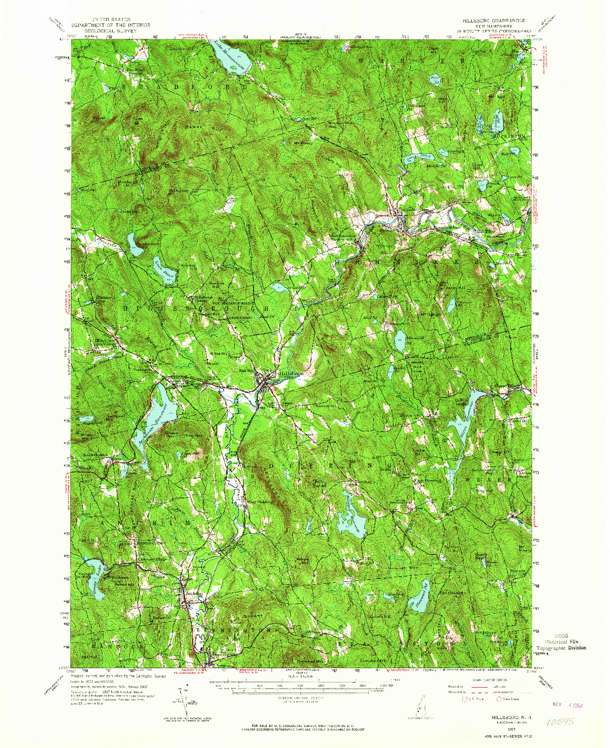 USGS 1:62500-SCALE QUADRANGLE FOR HILLSBORO, NH 1957