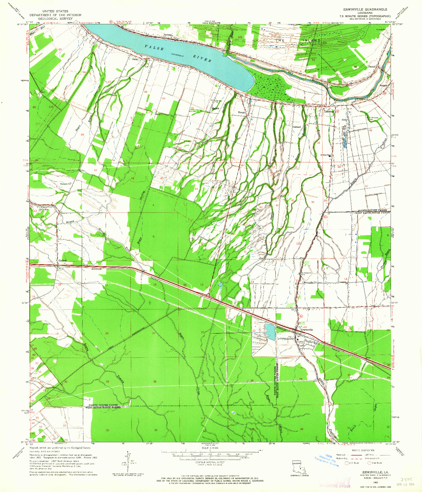 USGS 1:24000-SCALE QUADRANGLE FOR ERWINVILLE, LA 1962