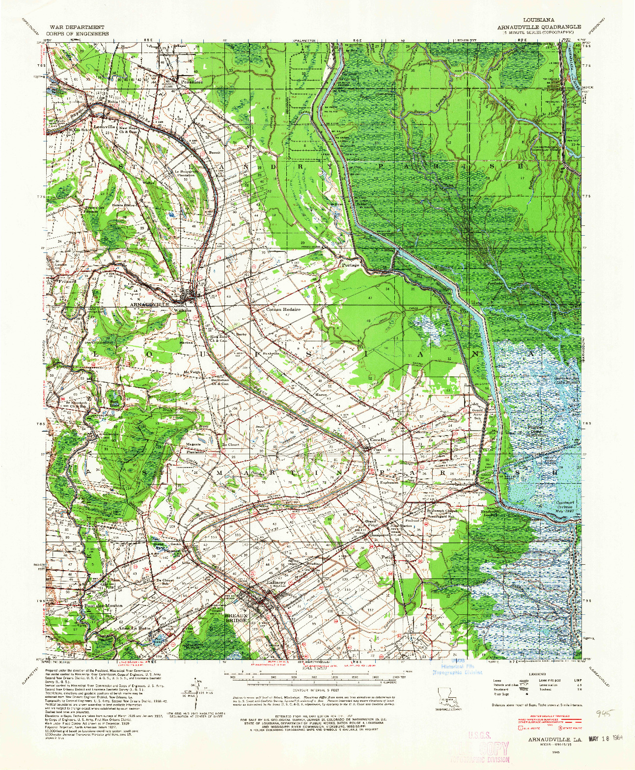USGS 1:62500-SCALE QUADRANGLE FOR ARNAUDVILLE, LA 1940