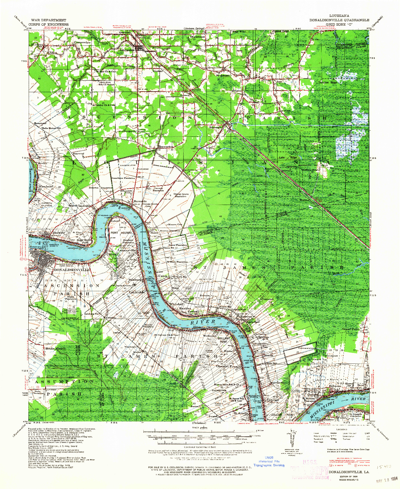 USGS 1:62500-SCALE QUADRANGLE FOR DONALDSONVILLE, LA 1939