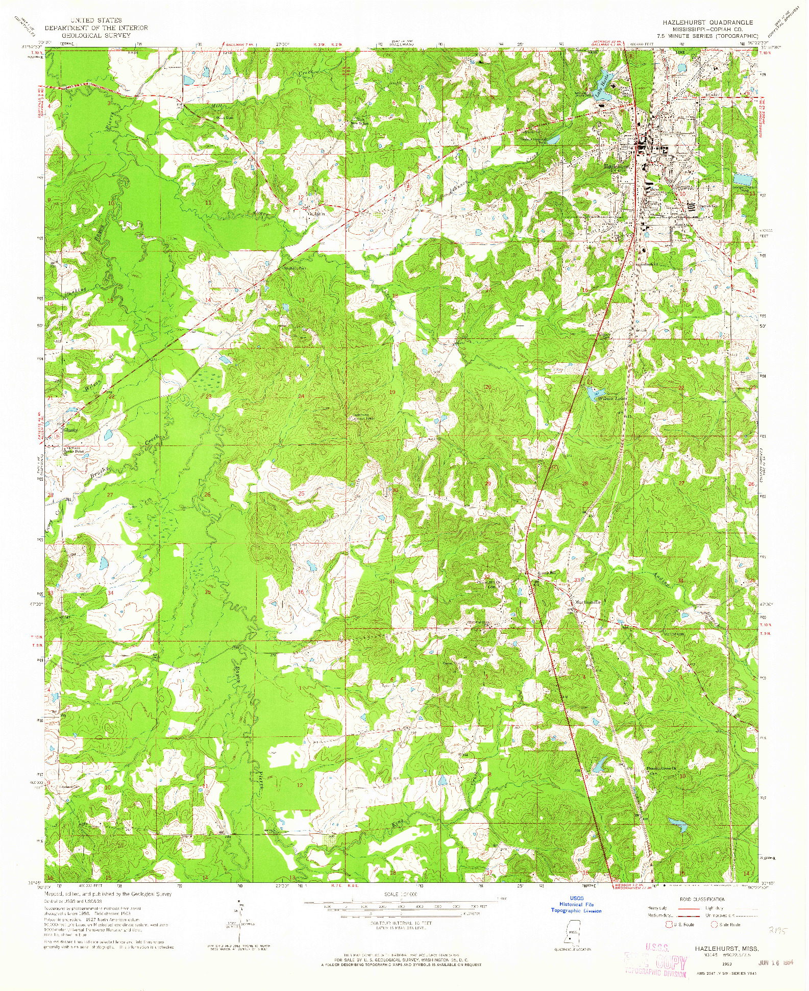 USGS 1:24000-SCALE QUADRANGLE FOR HAZLEHURST, MS 1963