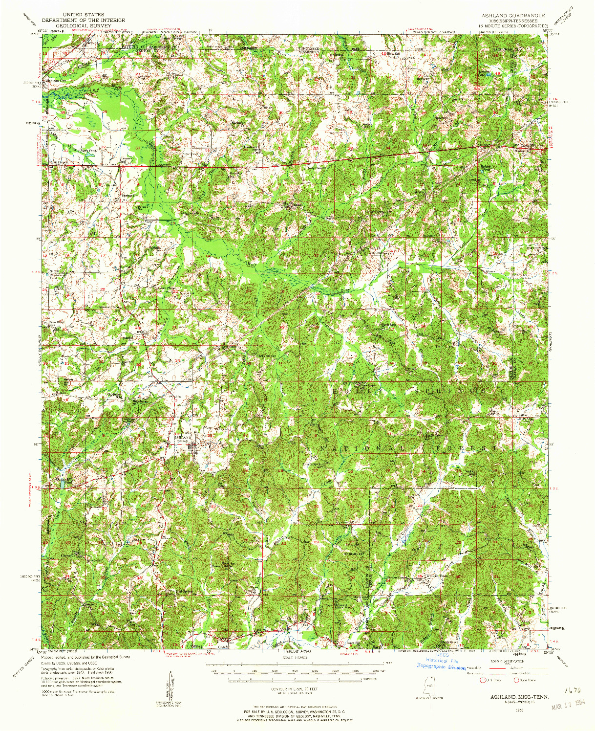 USGS 1:62500-SCALE QUADRANGLE FOR ASHLAND, MS 1950