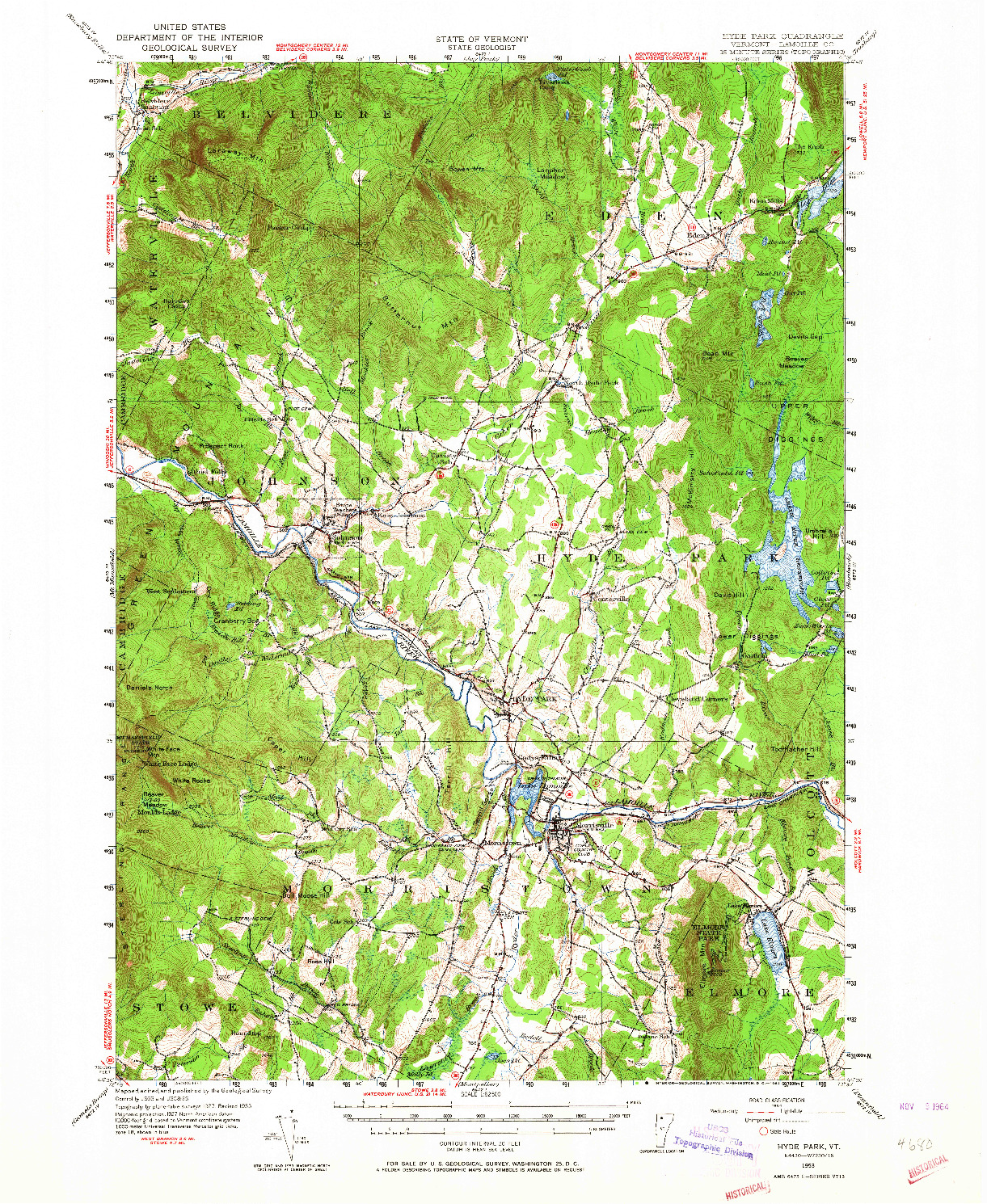 USGS 1:62500-SCALE QUADRANGLE FOR HYDE PARK, VT 1953