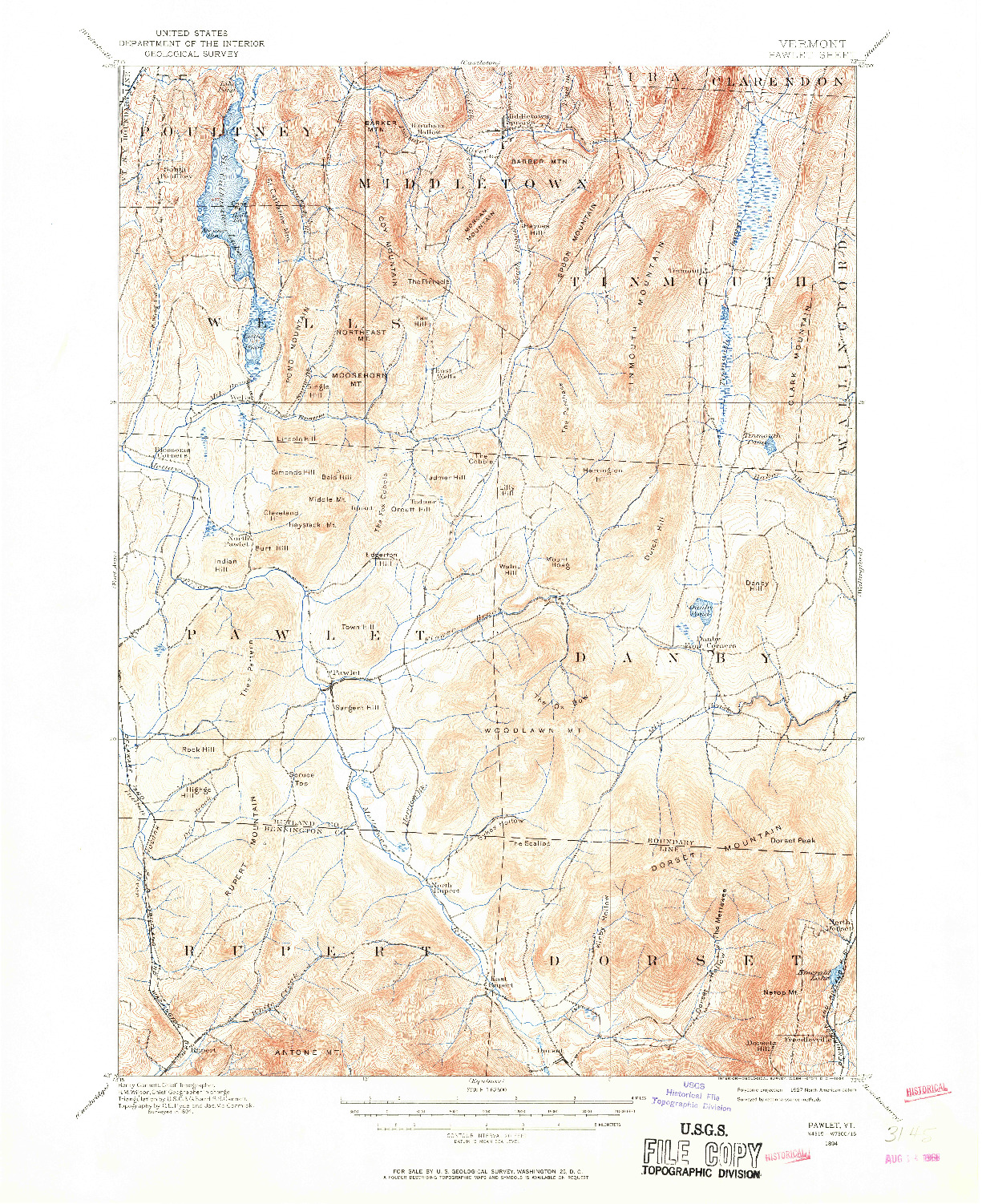 USGS 1:62500-SCALE QUADRANGLE FOR PAWLET, VT 1894