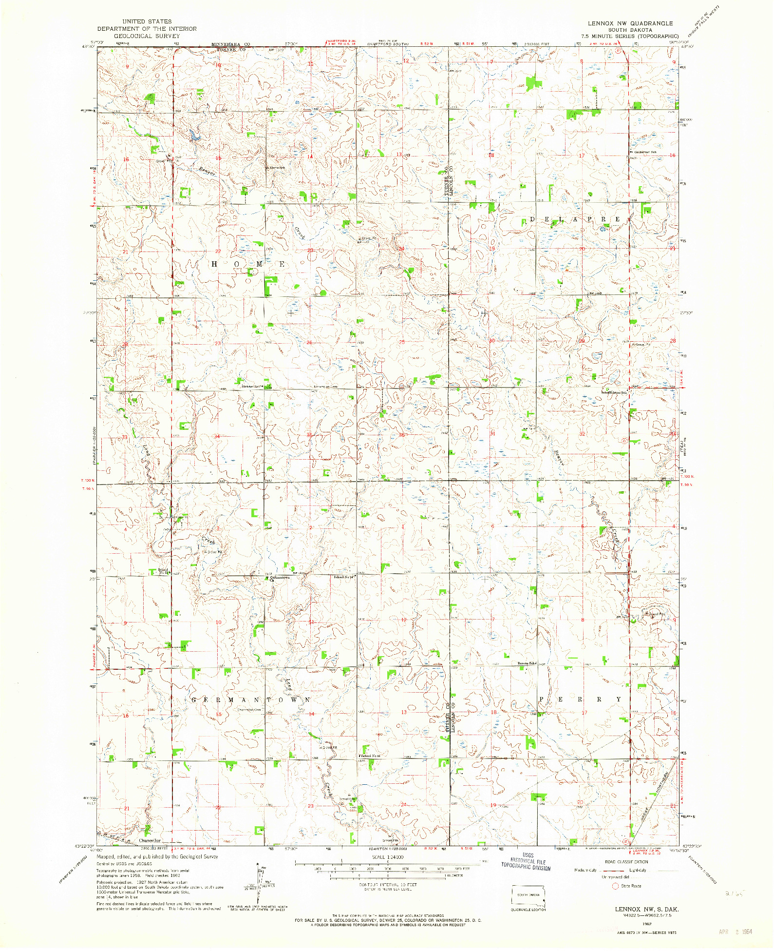 USGS 1:24000-SCALE QUADRANGLE FOR LENNOX NW, SD 1962
