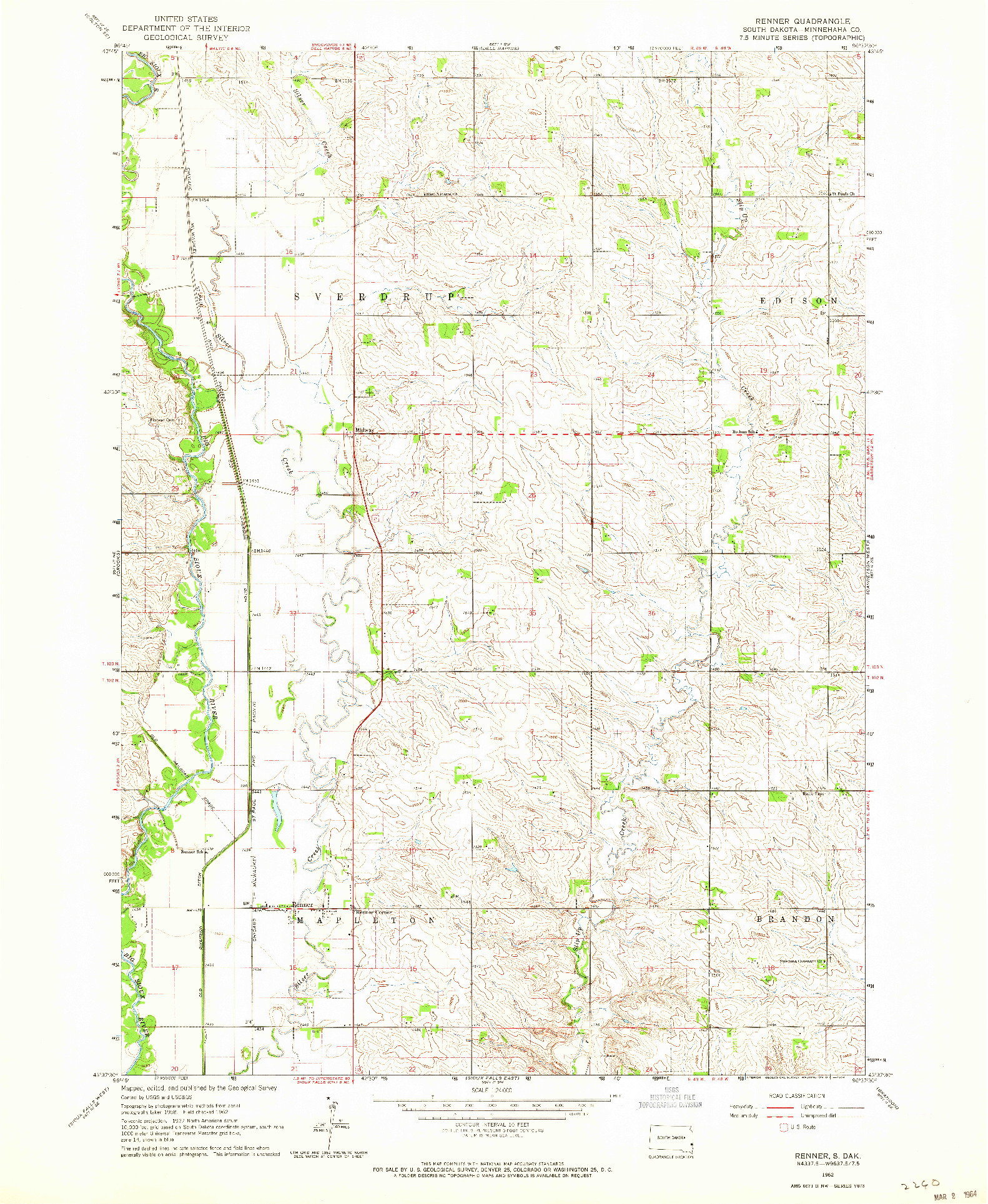 USGS 1:24000-SCALE QUADRANGLE FOR RENNER, SD 1962