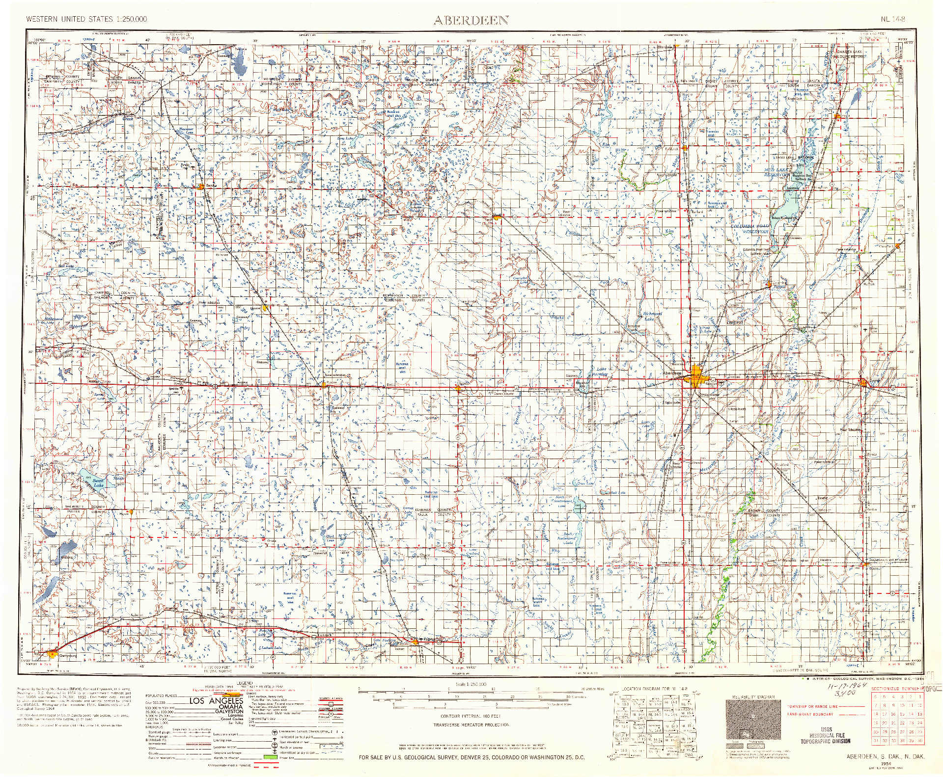 USGS 1:250000-SCALE QUADRANGLE FOR ABERDEEN, SD 1954