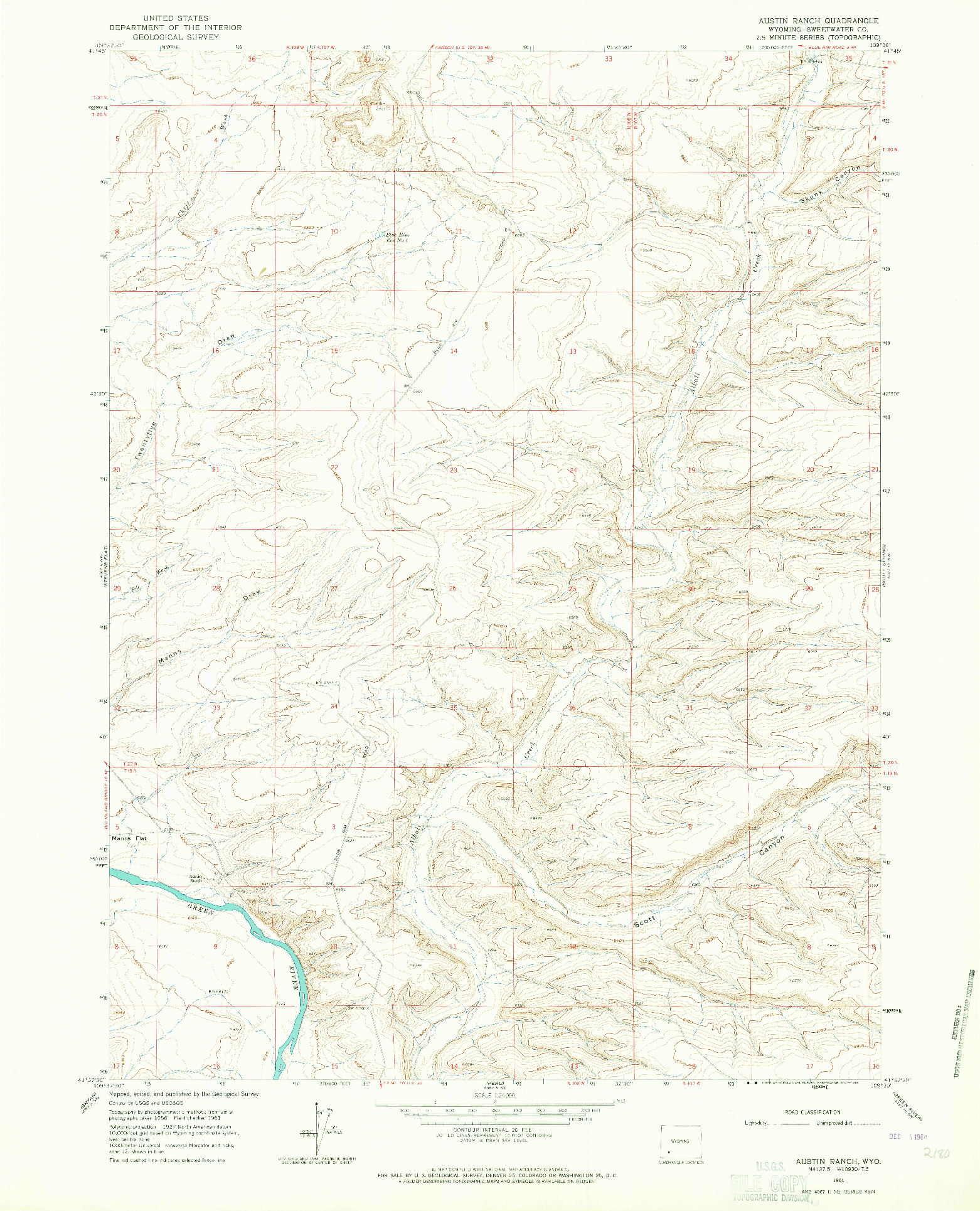 USGS 1:24000-SCALE QUADRANGLE FOR AUSTIN RANCH, WY 1961