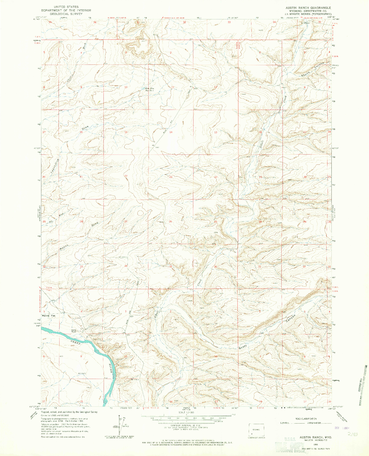 USGS 1:24000-SCALE QUADRANGLE FOR AUSTIN RANCH, WY 1961