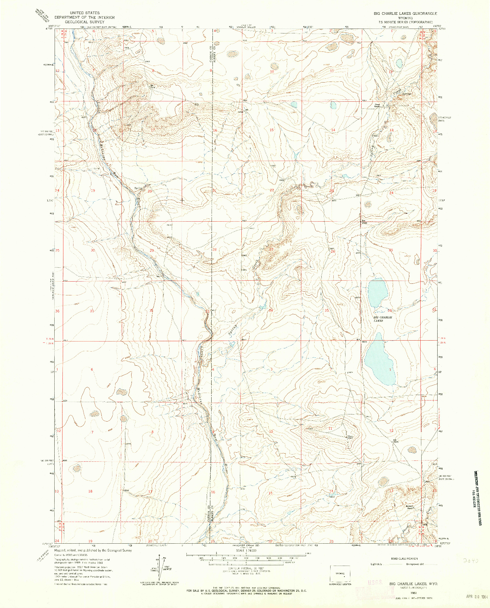 USGS 1:24000-SCALE QUADRANGLE FOR BIG CHARLIE LAKES, WY 1961