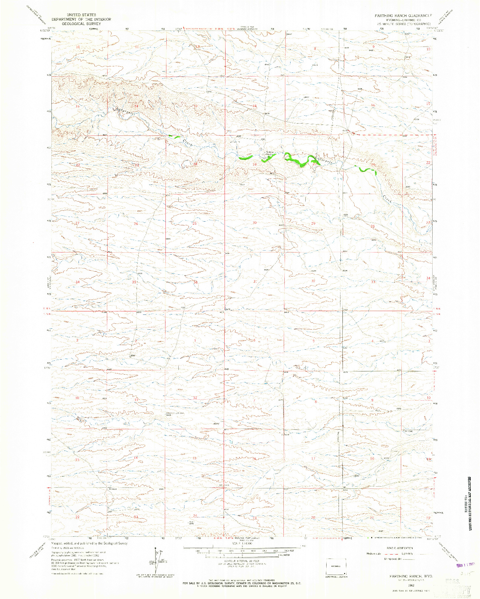 USGS 1:24000-SCALE QUADRANGLE FOR FARTHING RANCH, WY 1962