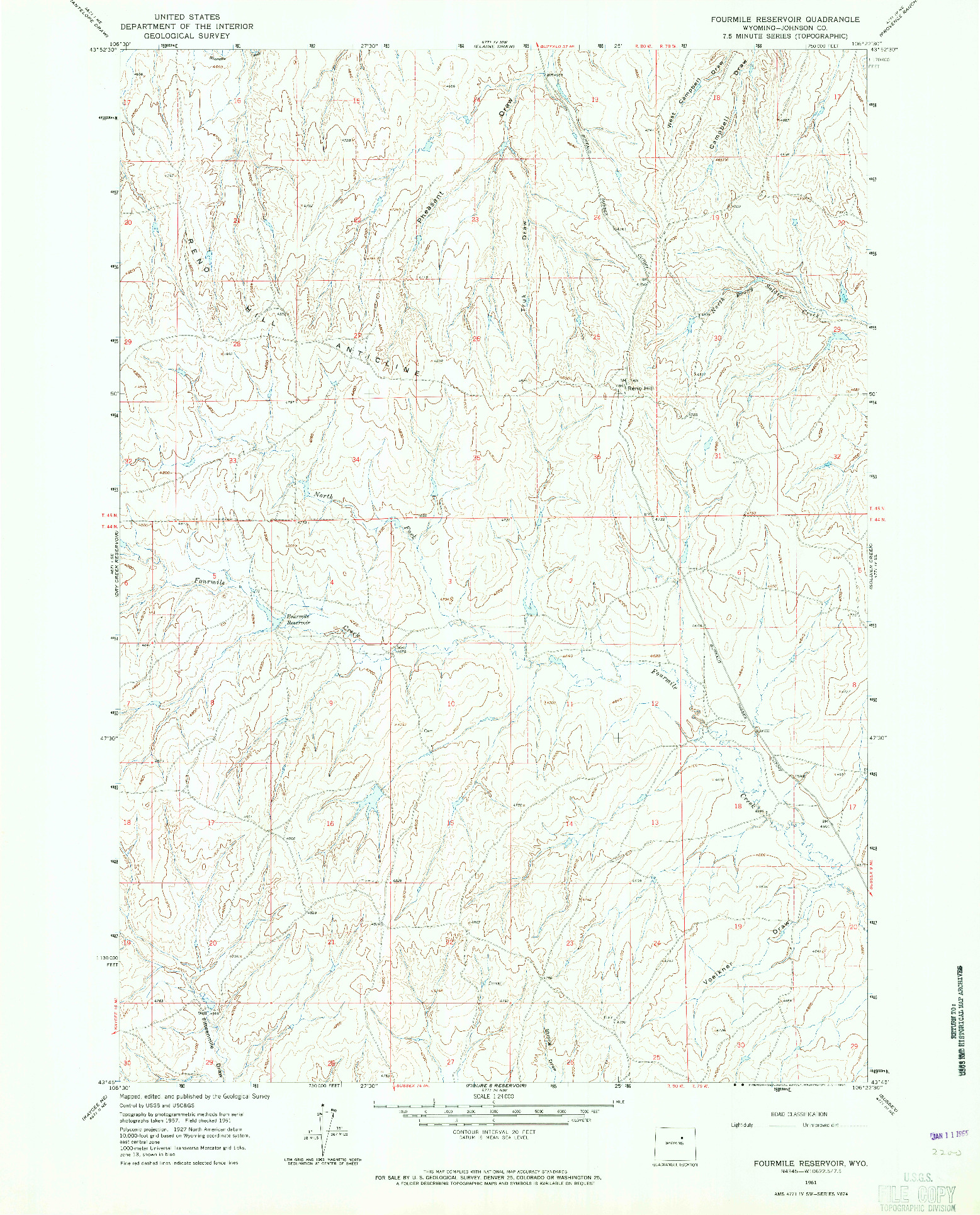 USGS 1:24000-SCALE QUADRANGLE FOR FOURMILE RESERVOIR, WY 1961
