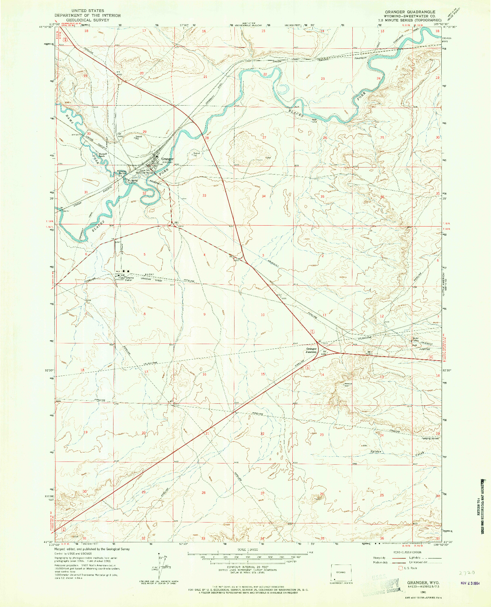 USGS 1:24000-SCALE QUADRANGLE FOR GRANGER, WY 1961