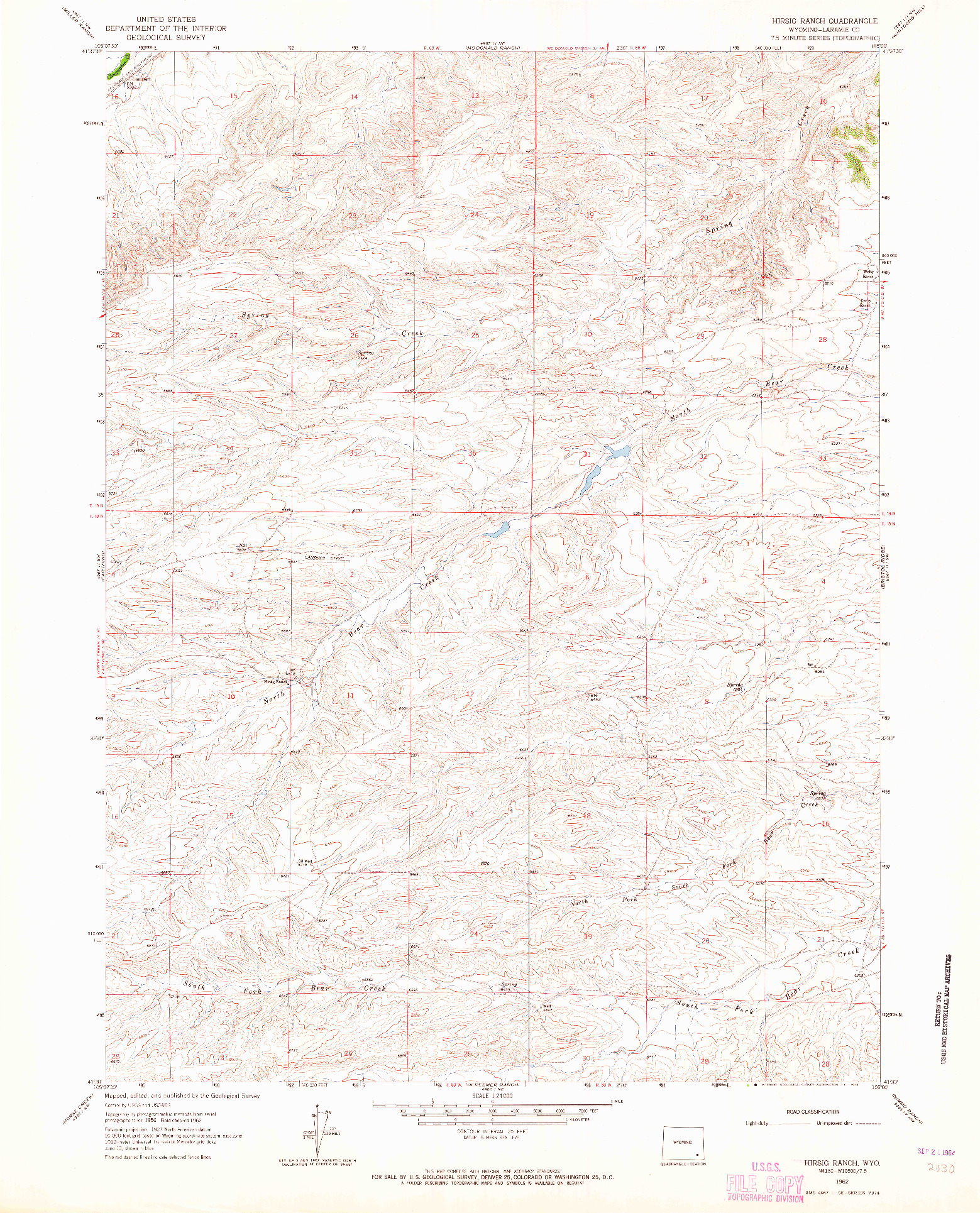 USGS 1:24000-SCALE QUADRANGLE FOR HIRSIG RANCH, WY 1962