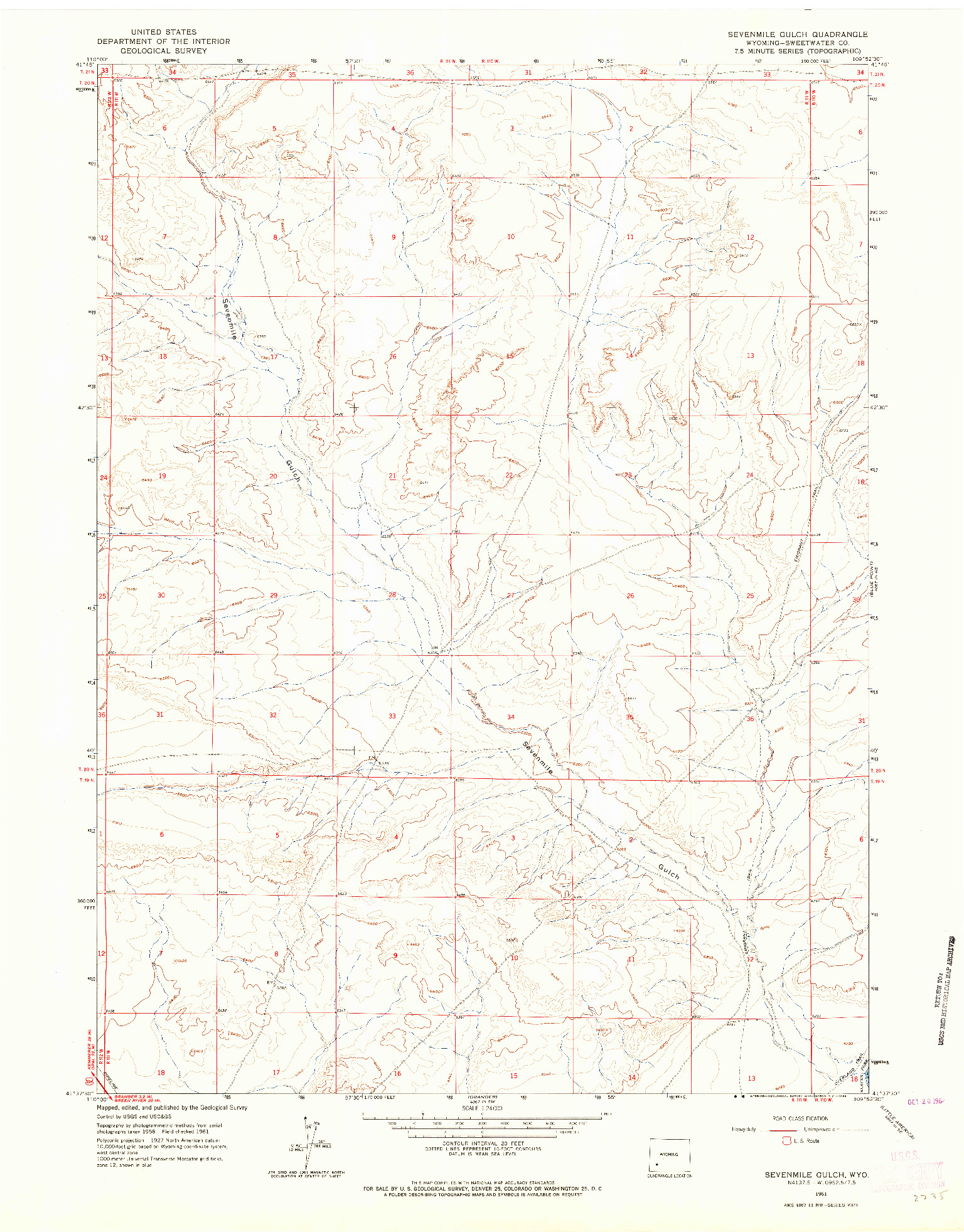 USGS 1:24000-SCALE QUADRANGLE FOR SEVENMILE GULCH, WY 1961