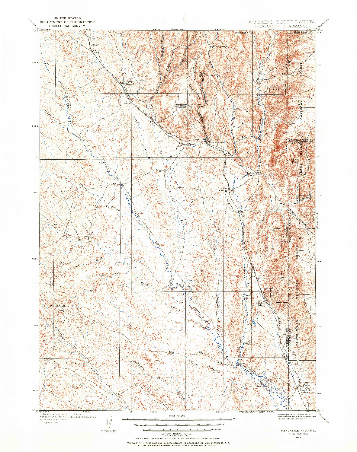 USGS 1:125000-SCALE QUADRANGLE FOR NEWCASTLE, WY 1899