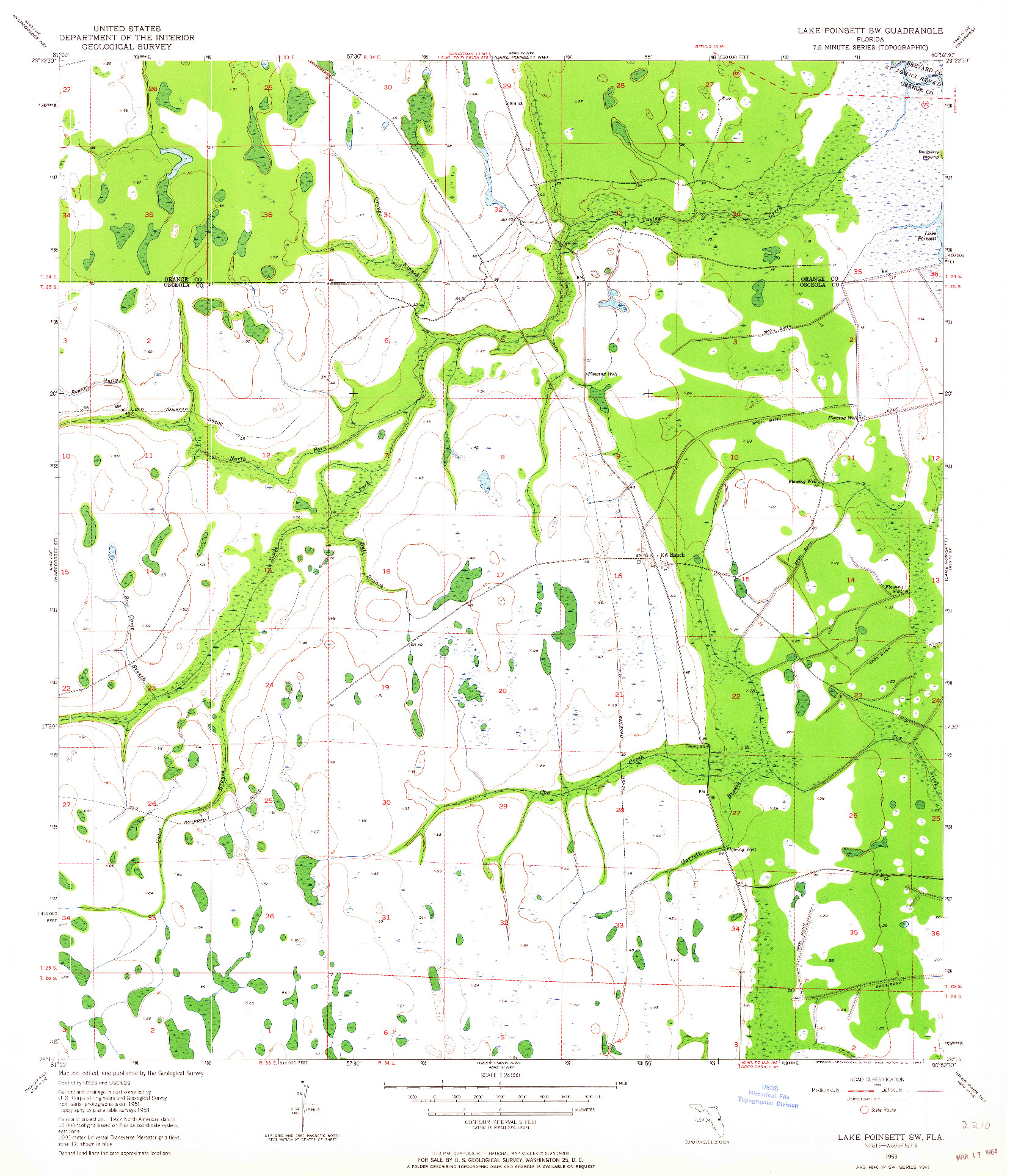 USGS 1:24000-SCALE QUADRANGLE FOR LAKE POINSETT SW, FL 1953