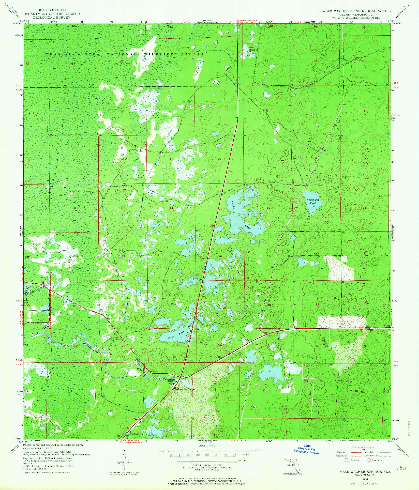 USGS 1:24000-SCALE QUADRANGLE FOR WEEKIWACHEE SPRINGS, FL 1954
