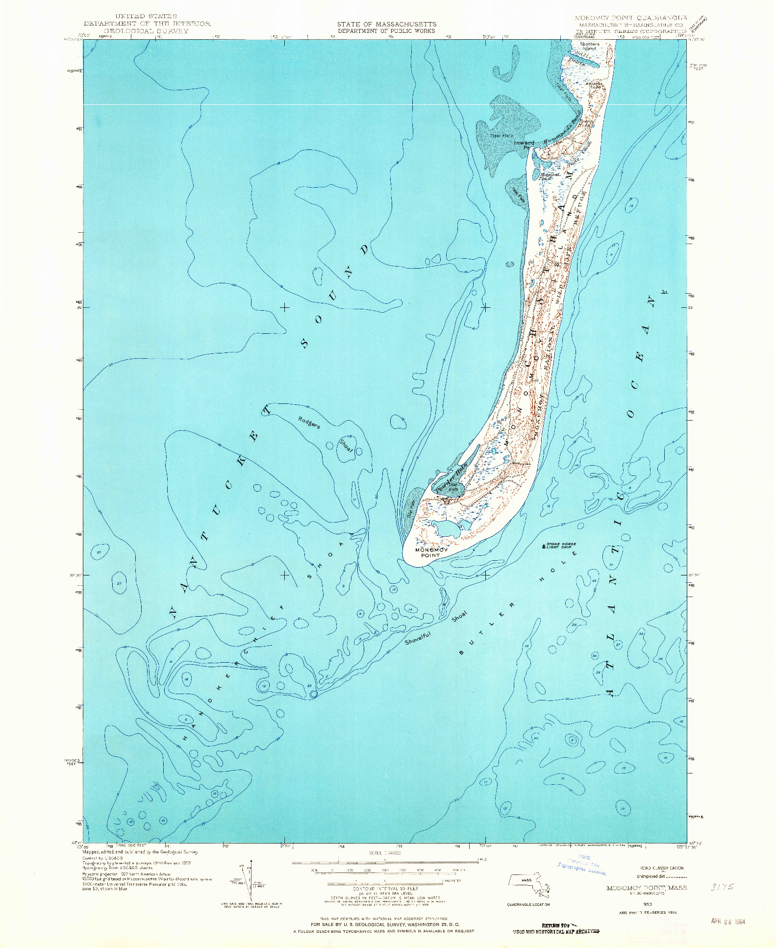 USGS 1:24000-SCALE QUADRANGLE FOR MONOMOY POINT, MA 1953