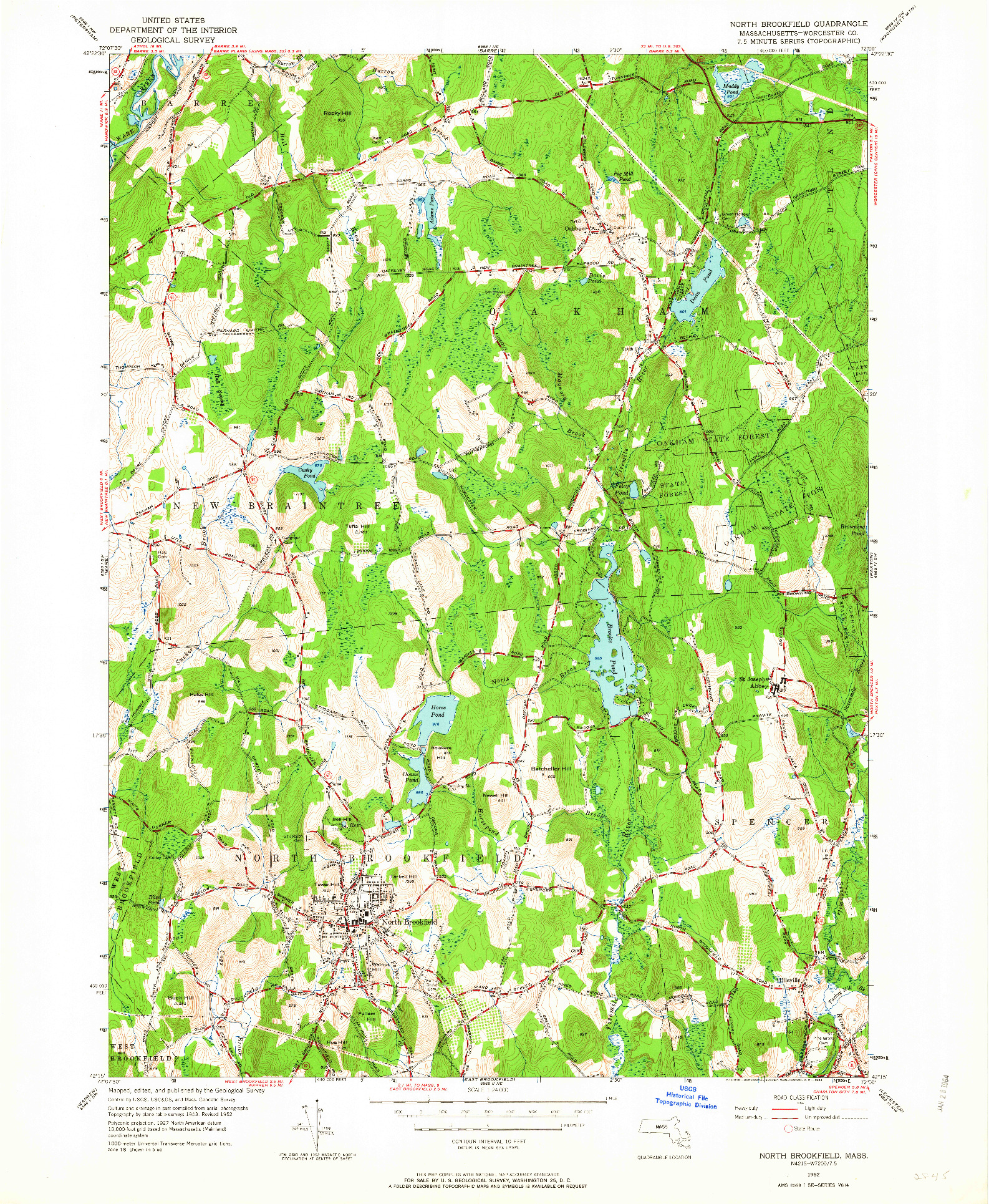 USGS 1:24000-SCALE QUADRANGLE FOR NORTH BROOKFIELD, MA 1952