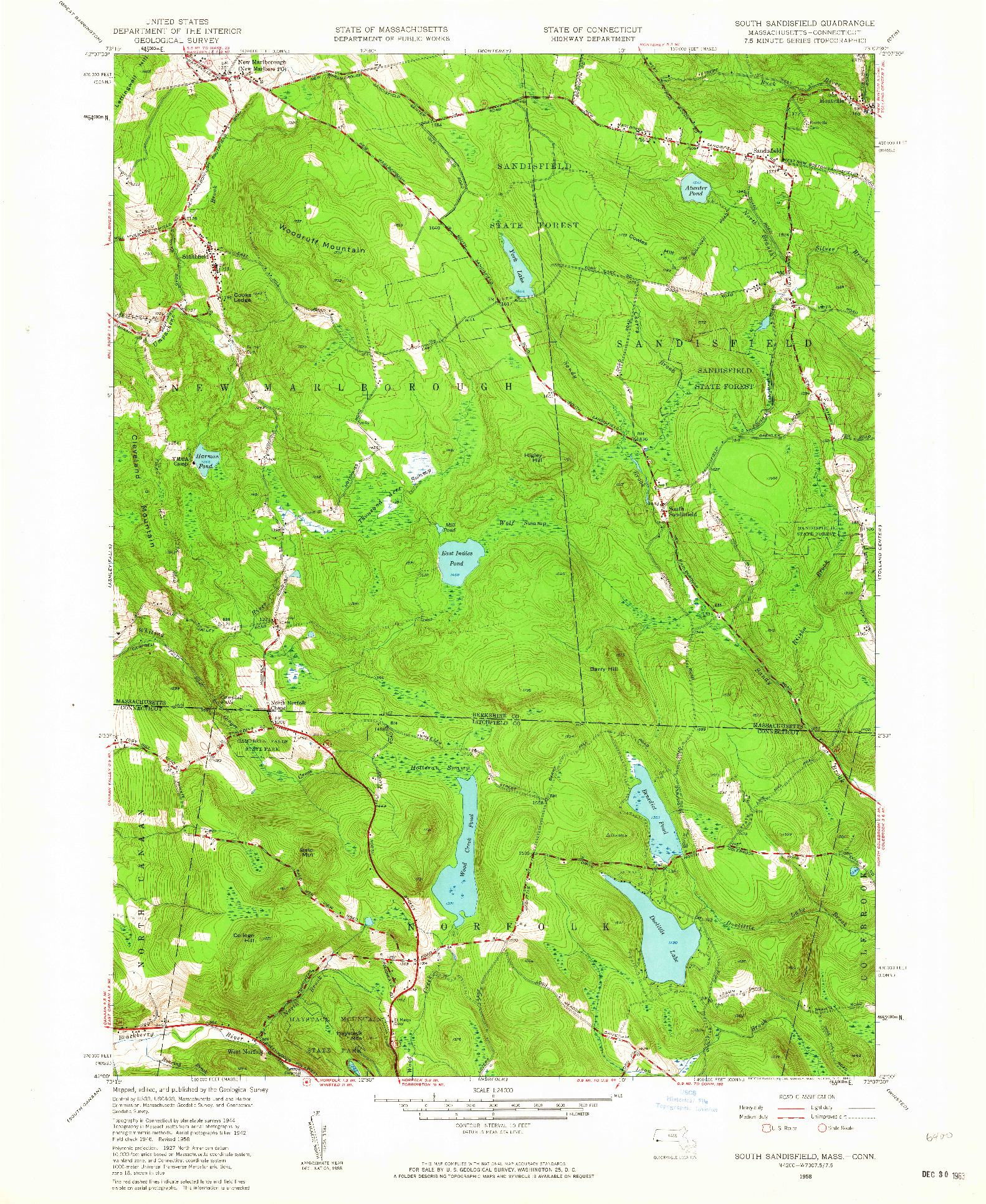 USGS 1:24000-SCALE QUADRANGLE FOR SOUTH SANDISFIELD, MA 1958